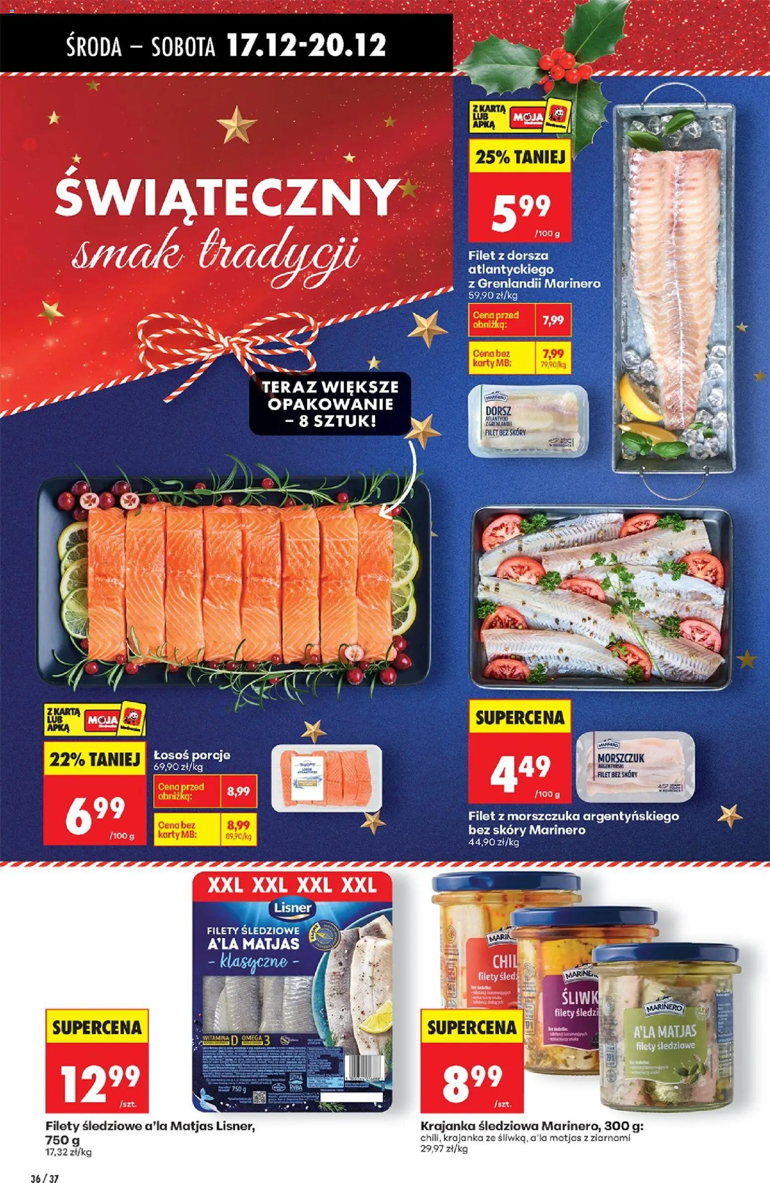 Biedronka gazetka - Oferta w tym tygodniu od 17.12.2025 | Strona: 44 | Produkty: Śledź, Filety śledziowe a'la matjas, Dorsz, Łosoś