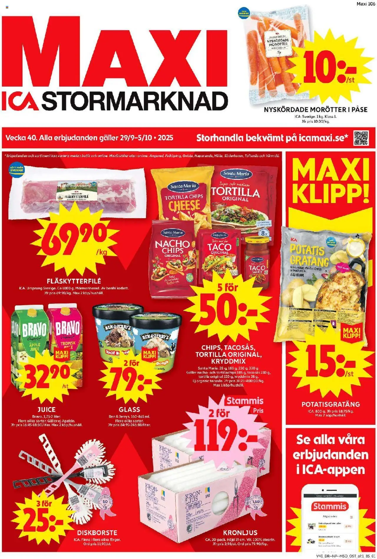 ICA Maxi reklamblad aktuell från 29.09.2025 | Sida: 1 | Produkter: Tortillachips, Galler, Chips, Potatisgratäng