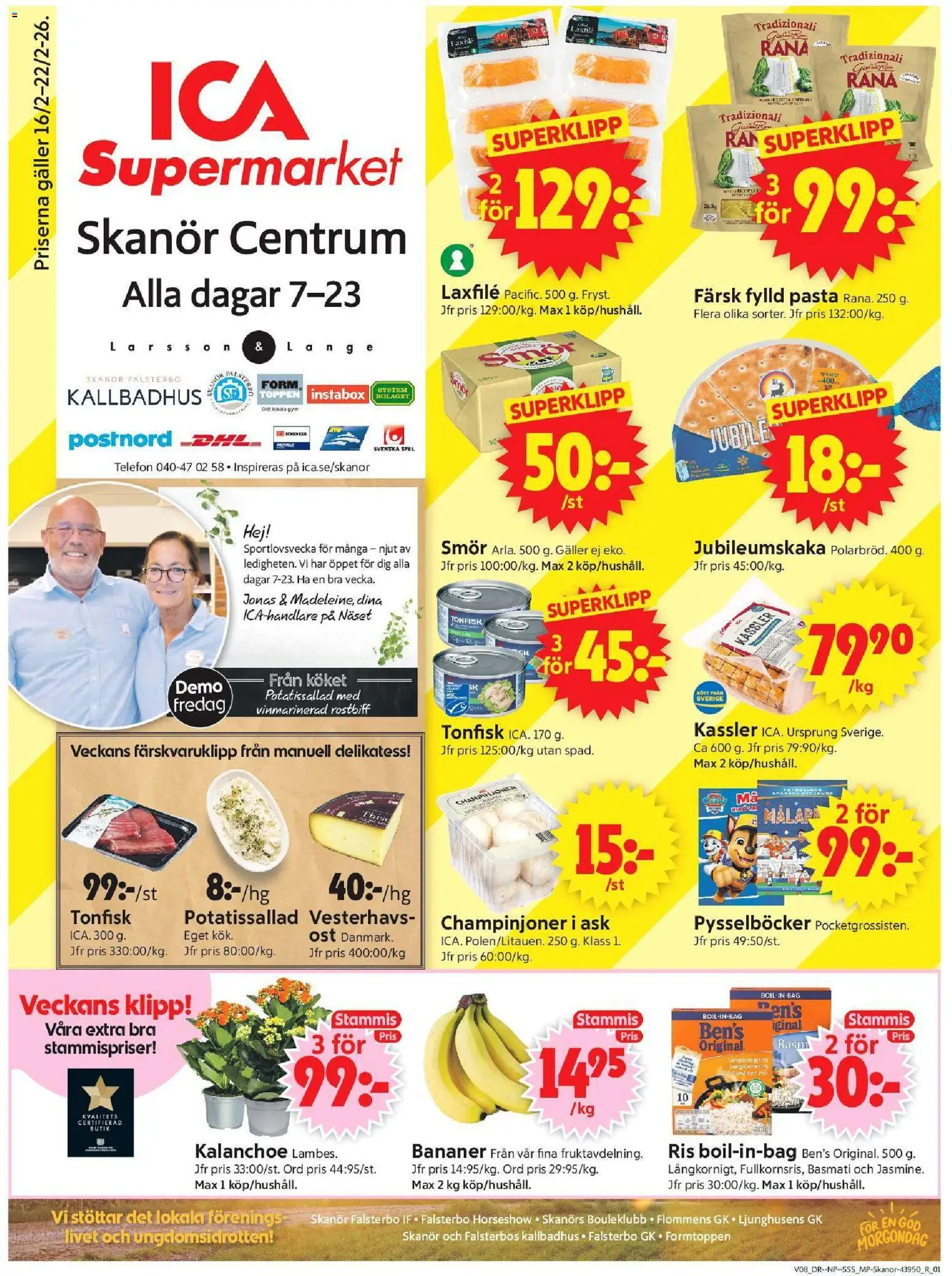 ICA Supermarket reklamblad aktuell från 16.02.2026 | Sida: 1 | Produkter: Potatissallad, Smör, Ost, Ris