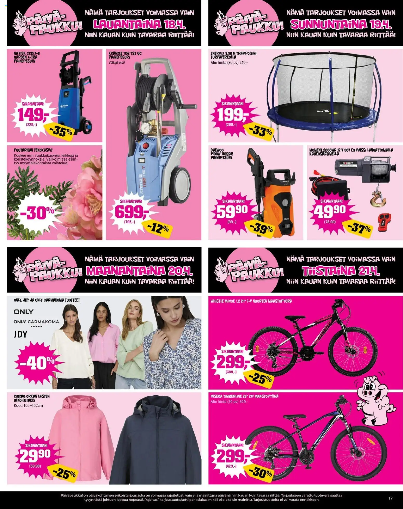 Kärkkäinen tarjoukset – voimassa 08.04.2026 alkaen | Sivu: 17 | Tuotteet: Maastopyörä, Painepesuri, Trampoliini
