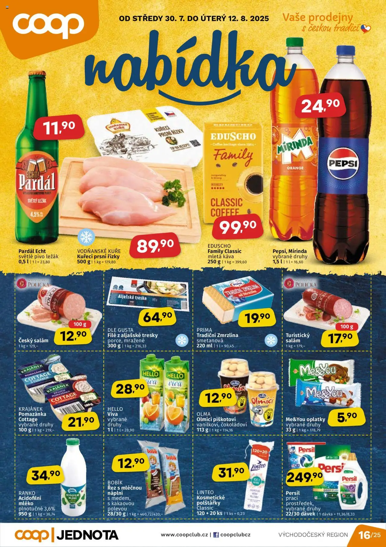 Coop leták - Východočeský region od 30.07.2025 | Strana: 1 | Produkty: Káva, Aljašská treska, Mirinda, Acidofilní mléko