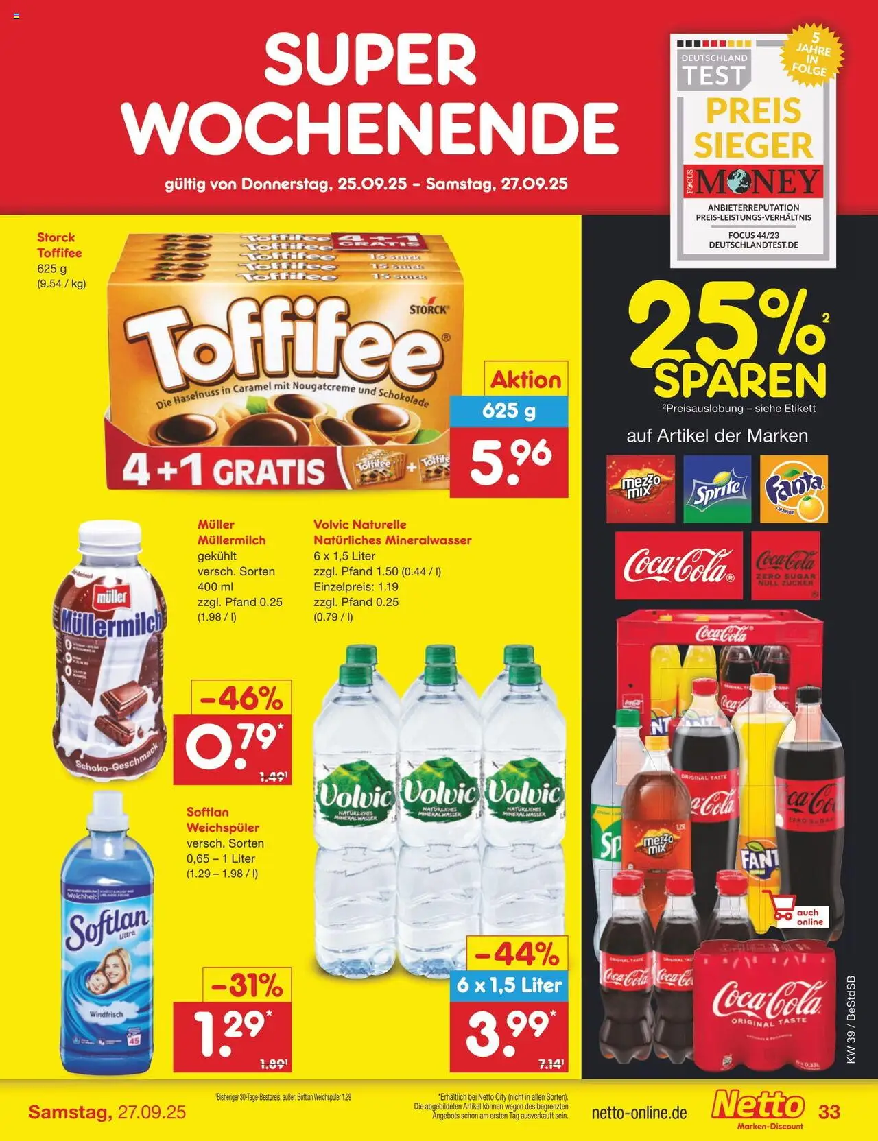 Netto Marken-Discount Prospekt 	 – gültig ab 22.09.2025 | Seite: 37 | Produkte: Coca cola, Weichspüler, Zucker, Volvic