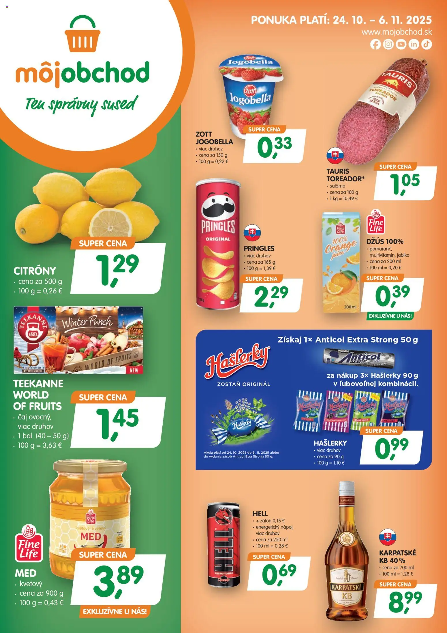 Nové Môj obchod akcie – leták je platný od 24.10.2025 | Strana: 1 | Produkty: Saláma, Pringles, Teekanne, Med