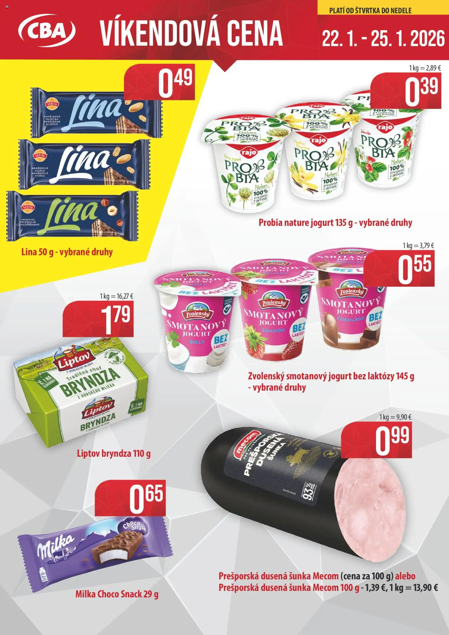 Nové CBA Verex akcie – leták je platný od 15.01.2026 | Strana: 1 | Produkty: Jogurt, Šunka, Bryndza, Milka
