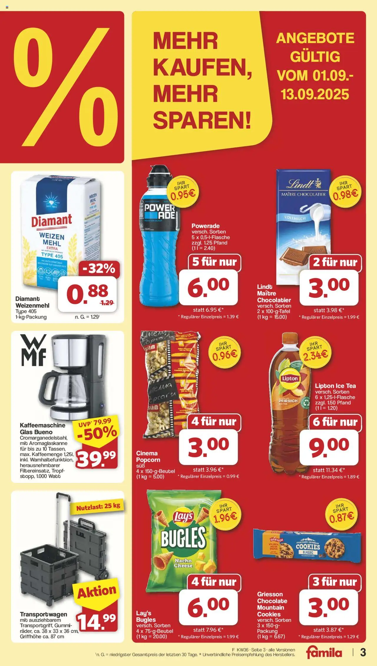Famila Nordwest Markt - Angebote - gültig ab dem 01.09.2025 | Seite: 3 | Produkte: Kaffeemaschine, Weizenmehl, Pfirsich, Lindt