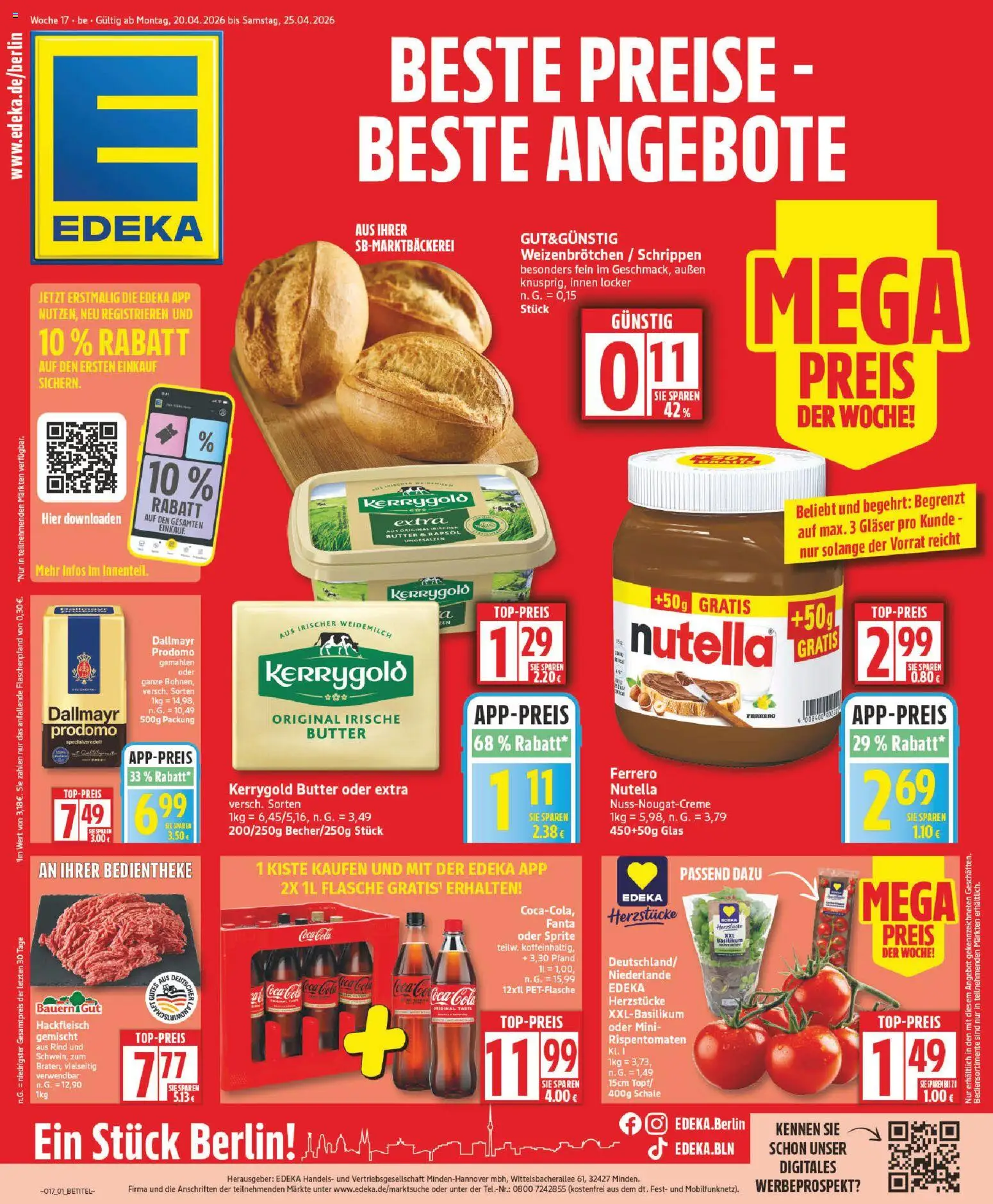 Edeka Prospekt 	 – gültig ab 20.04.2026 | Seite: 1 | Produkte: Sprite, Nutella, Dallmayr prodomo, Hackfleisch