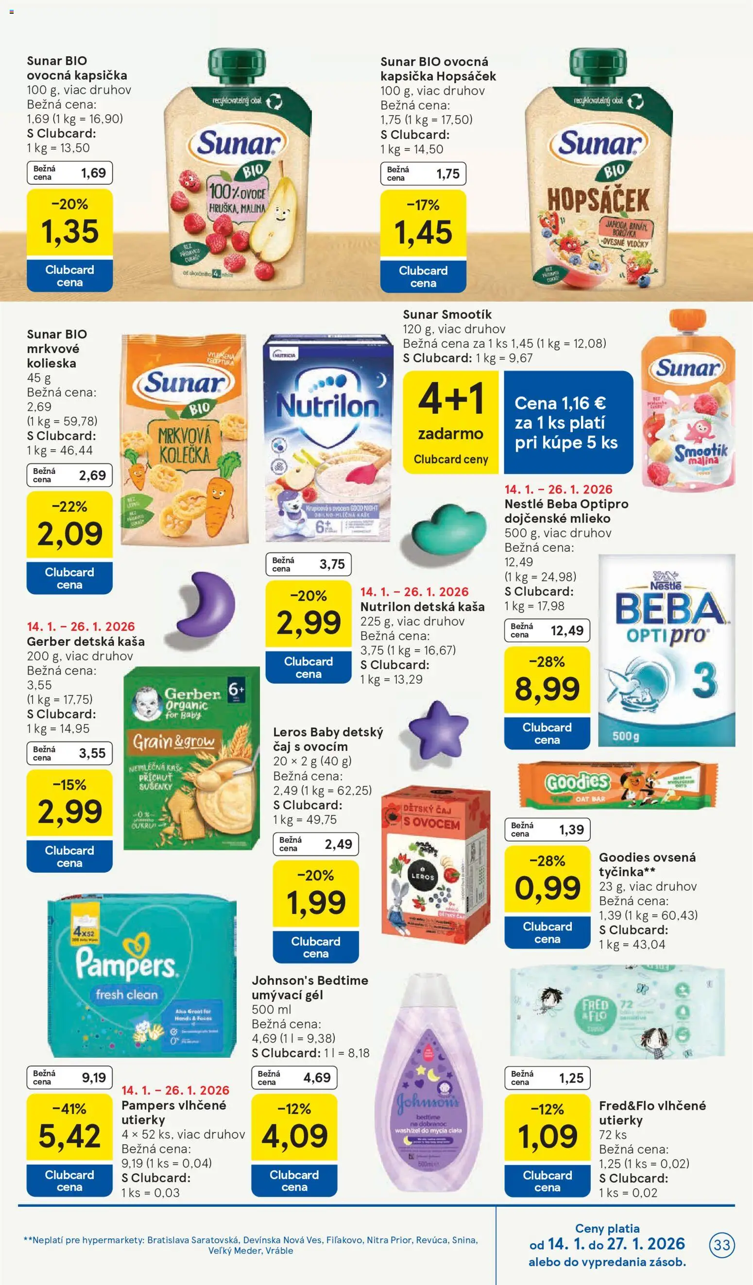 Nové Tesco akcie – leták je platný od 14.01.2026 | Strana: 33 | Produkty: Mlieko, Čaj, Sunar, Pampers