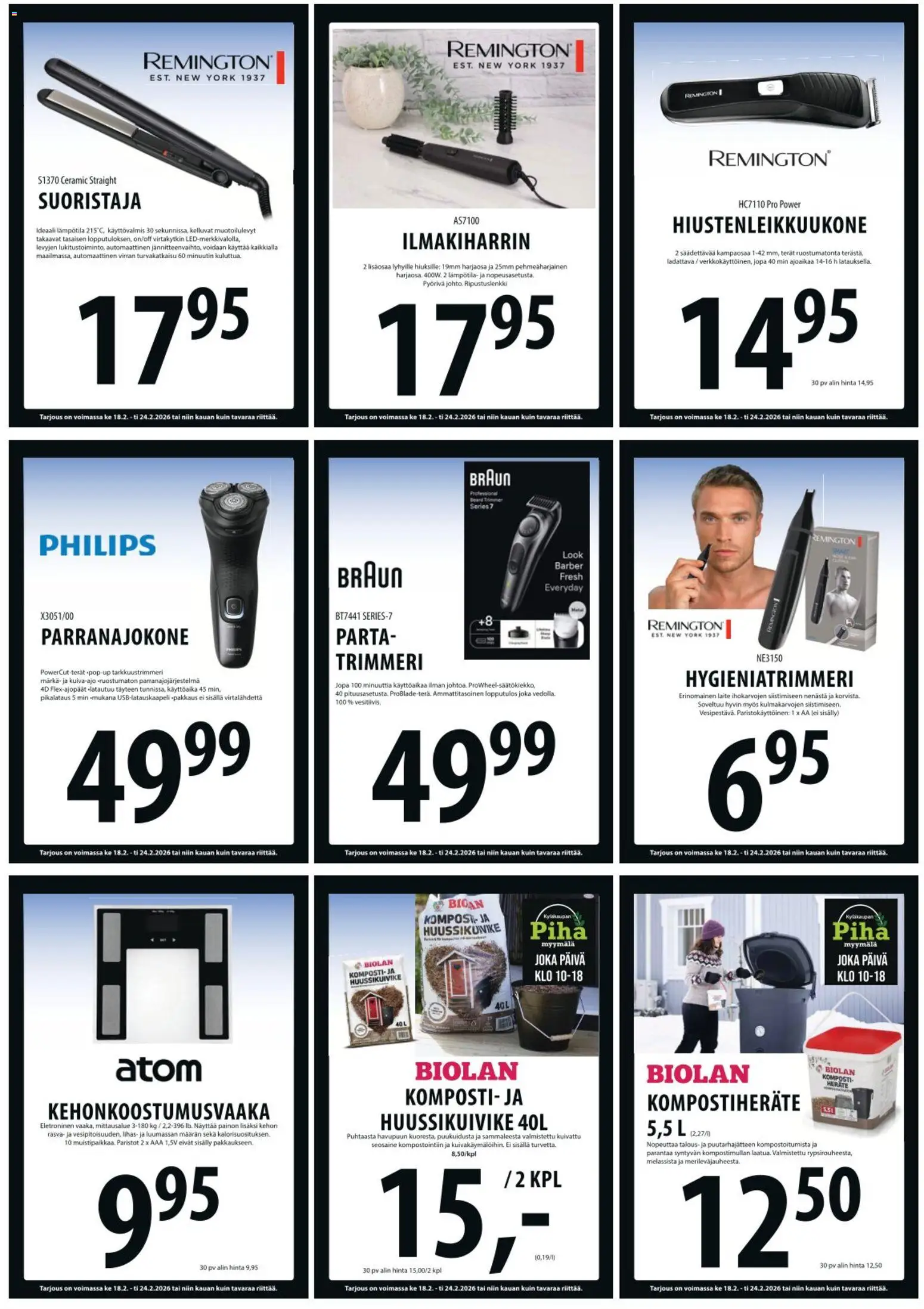 Tuuri tarjoukset – voimassa 18.02.2026 alkaen | Sivu: 23 | Tuotteet: Parranajokone, Paristot, Komposti, Trimmeri