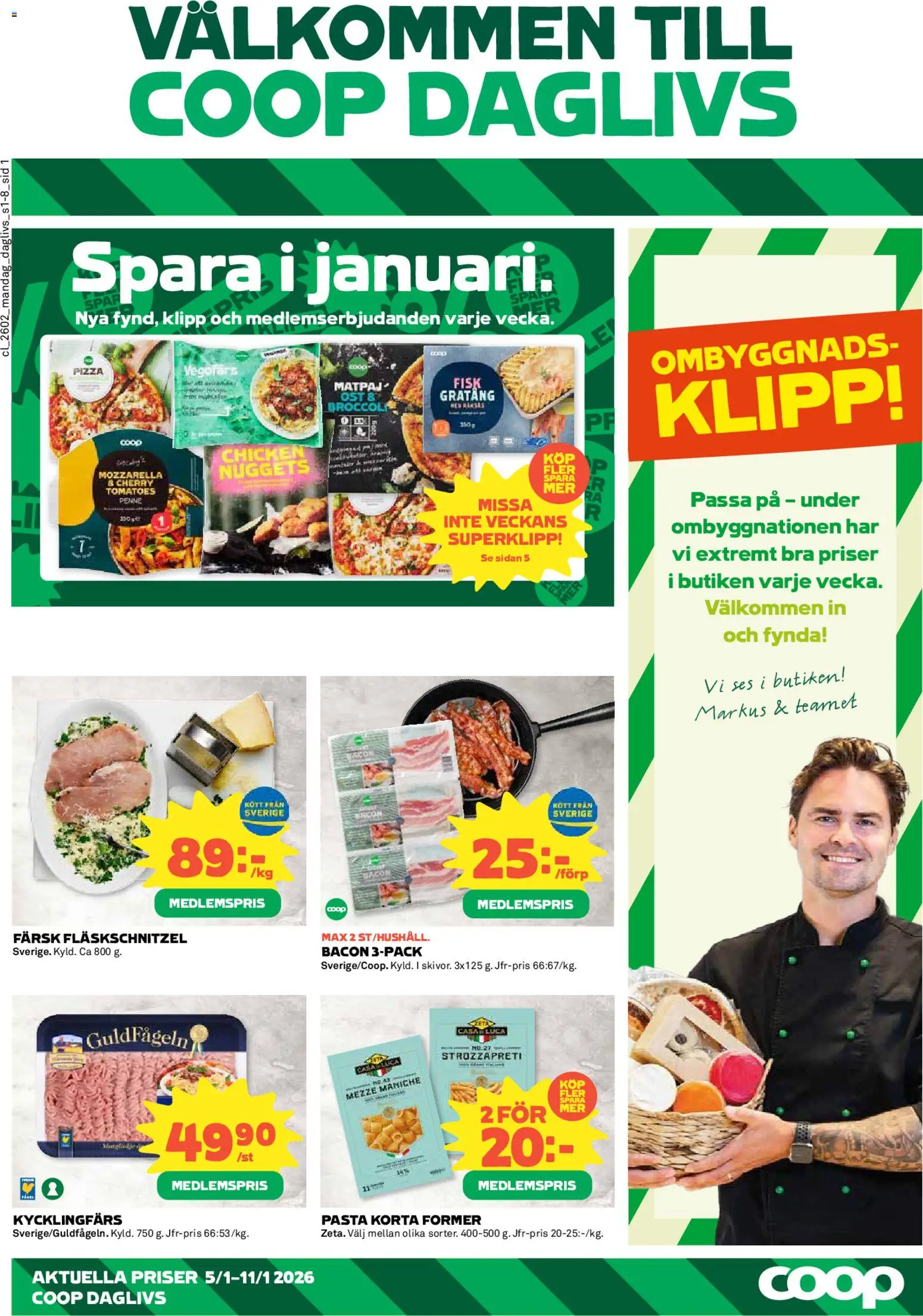 Coop Daglivs reklamblad aktuell från 05.01.2026 | Sida: 1 | Produkter: Bacon, Ost, Pizza, Pasta