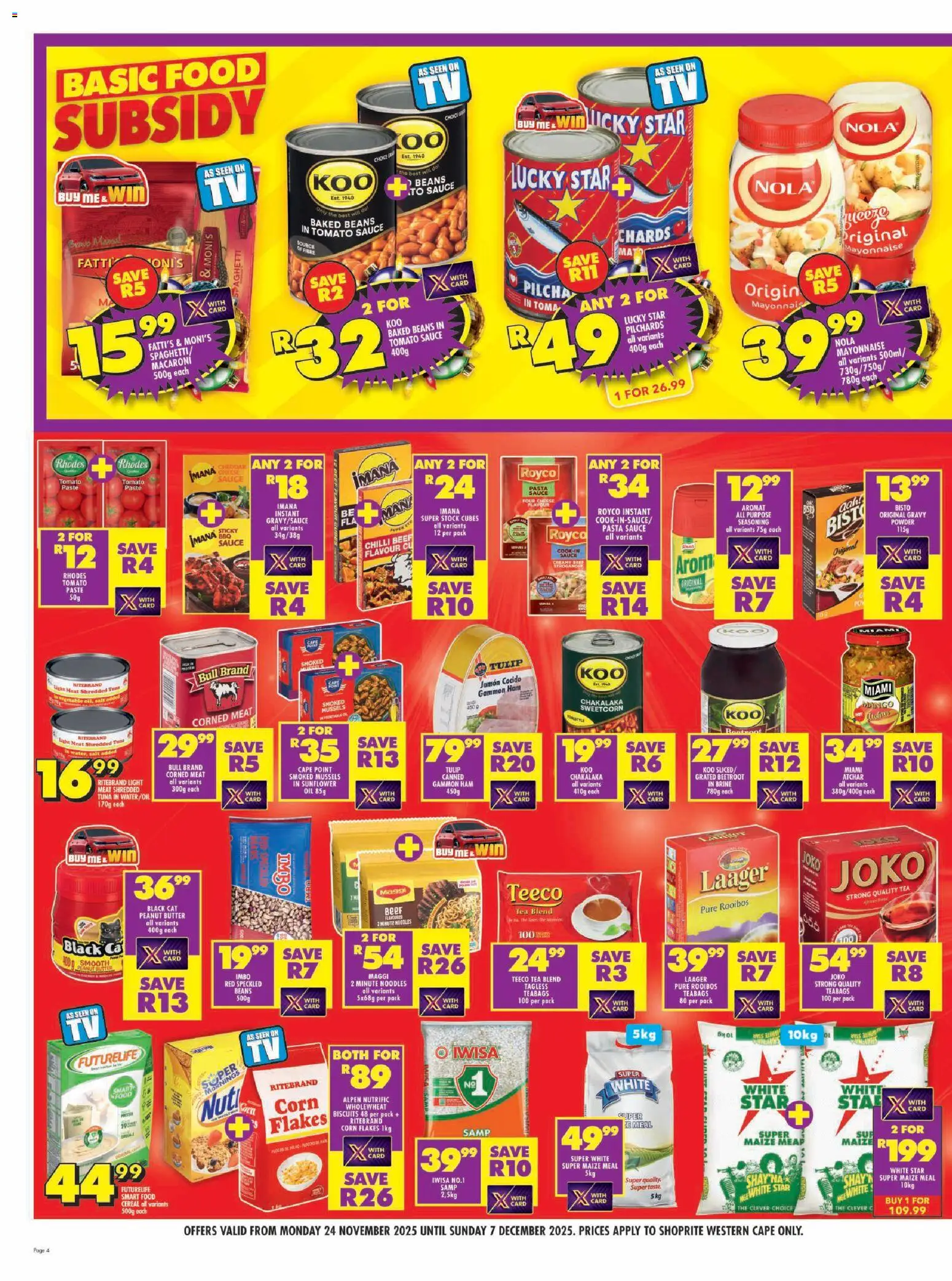 New Shoprite catalogue – valid from 24.11.2025 | Page: 4 | Products: Maize meal, Light, Seasoning, Salt