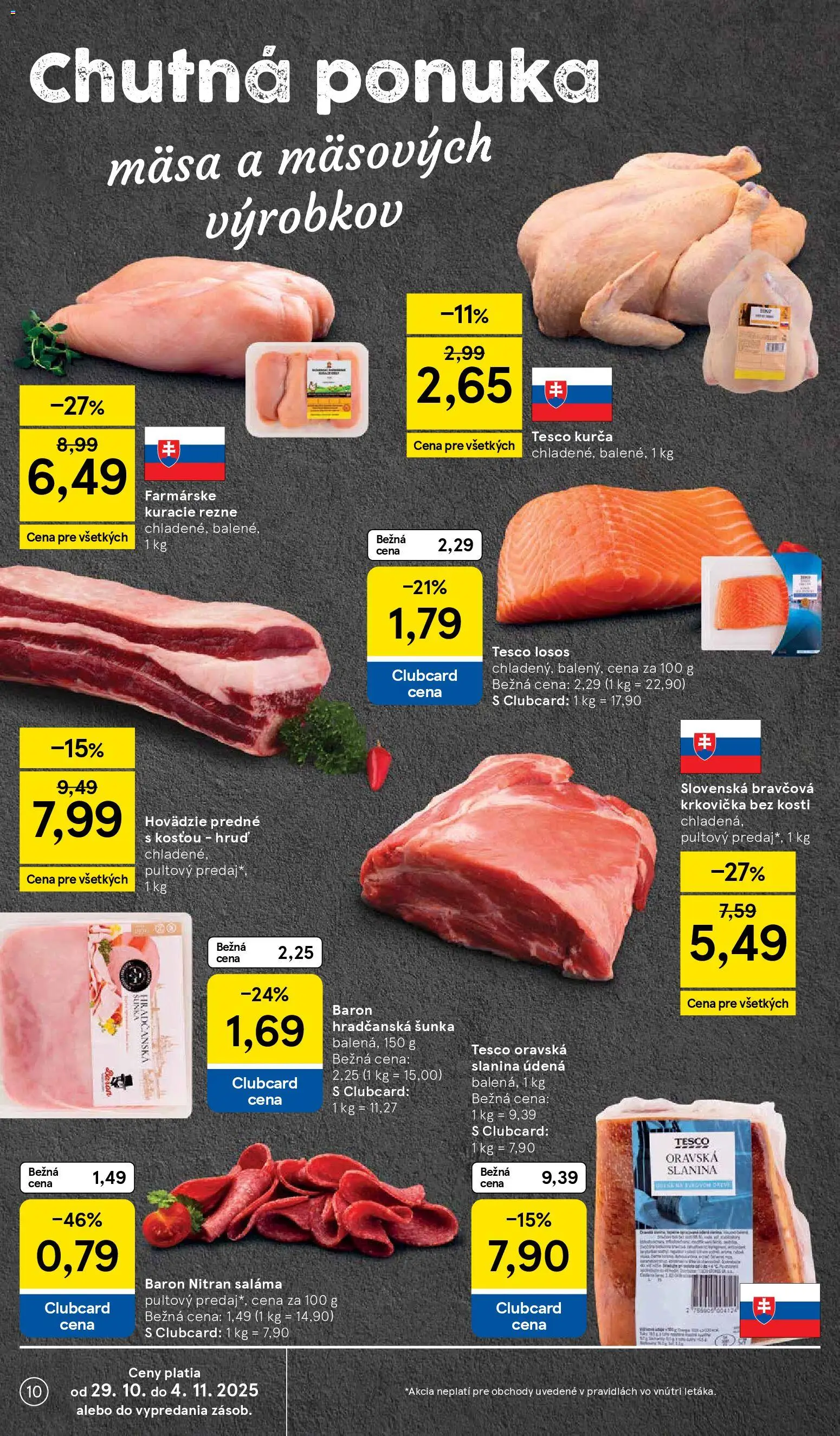 Nové Tesco akcie – leták je platný od 29.10.2025 | Strana: 10 | Produkty: Slanina, Kuracie rezne, Losos, Kurča