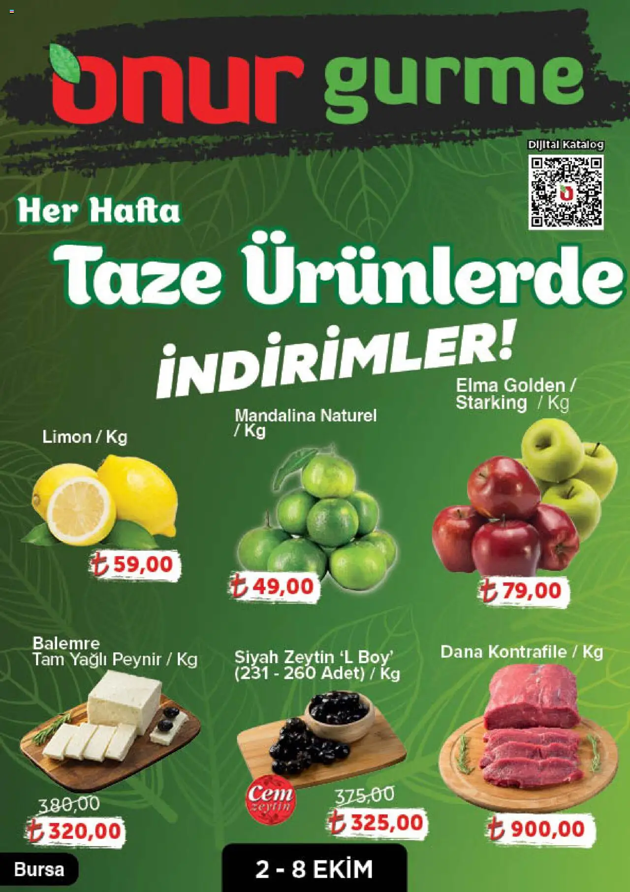 Onur Market Katalog Gurme - Bursa - 02.10.2025 tarihinden itibaren geçerlidir | Sayfa: 1 | Ürünler: Peynir, Elma, Mandalina, Zeytin