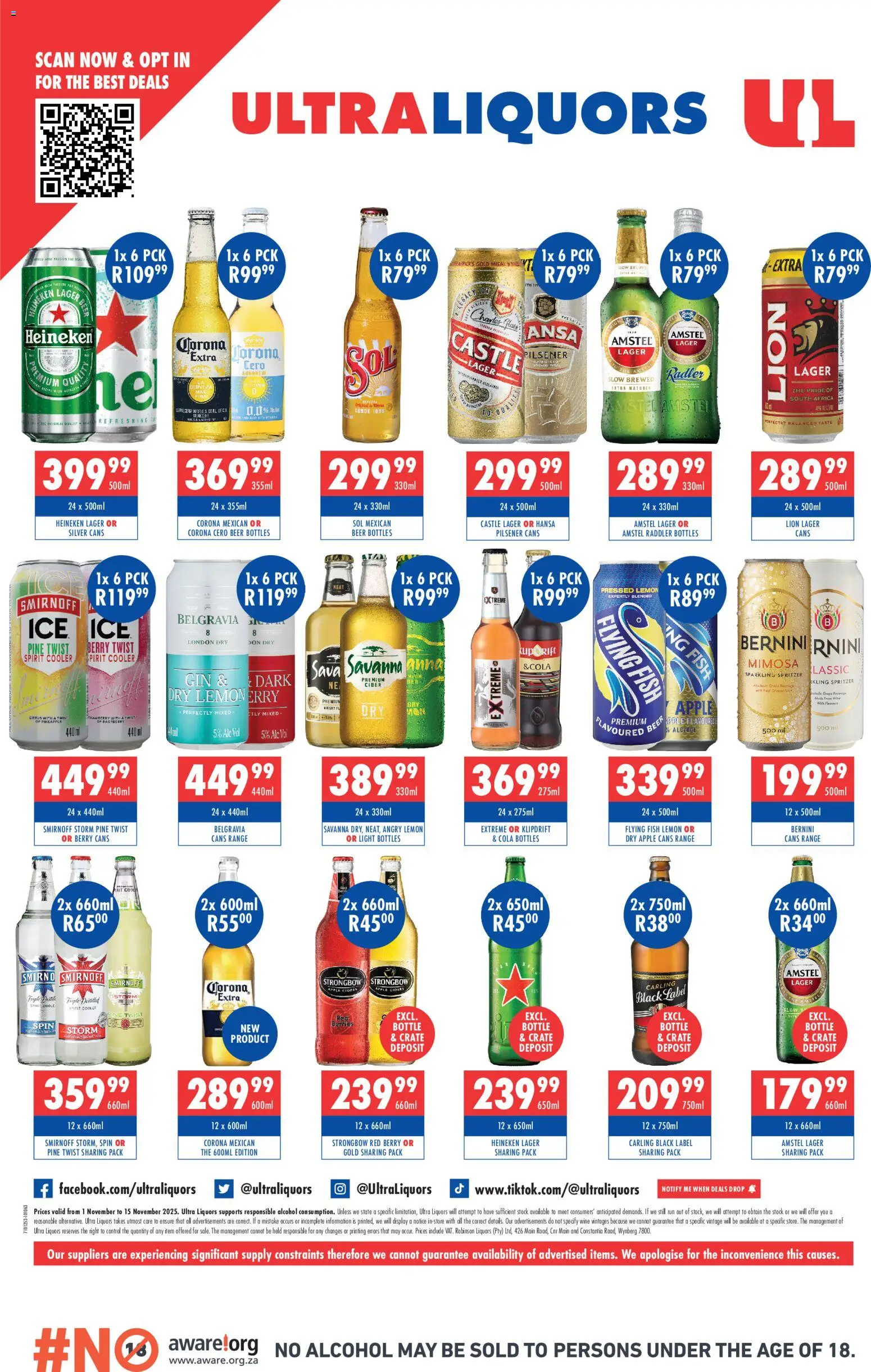New Ultra Liquors catalogue – valid from 01.11.2025 | Page: 4 | Products: Cooler, Light, Wine, Beer