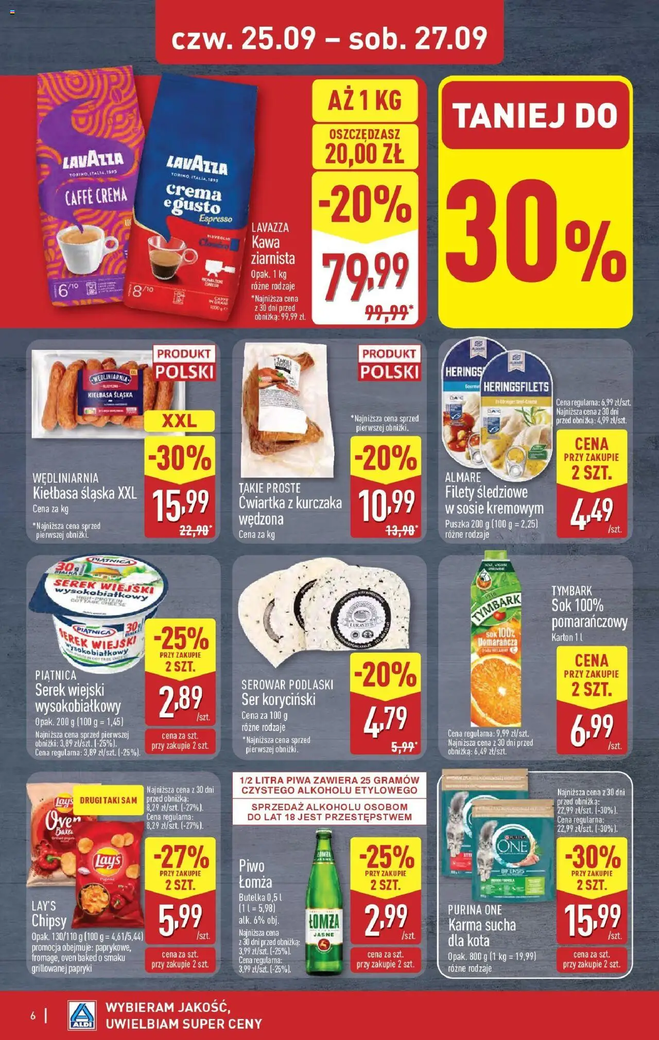 Aldi Gazetka - Okazje na weekend od 25.09.2025 | Strona: 6 | Produkty: Kiełbasa, Serek, Sok, Piwo
