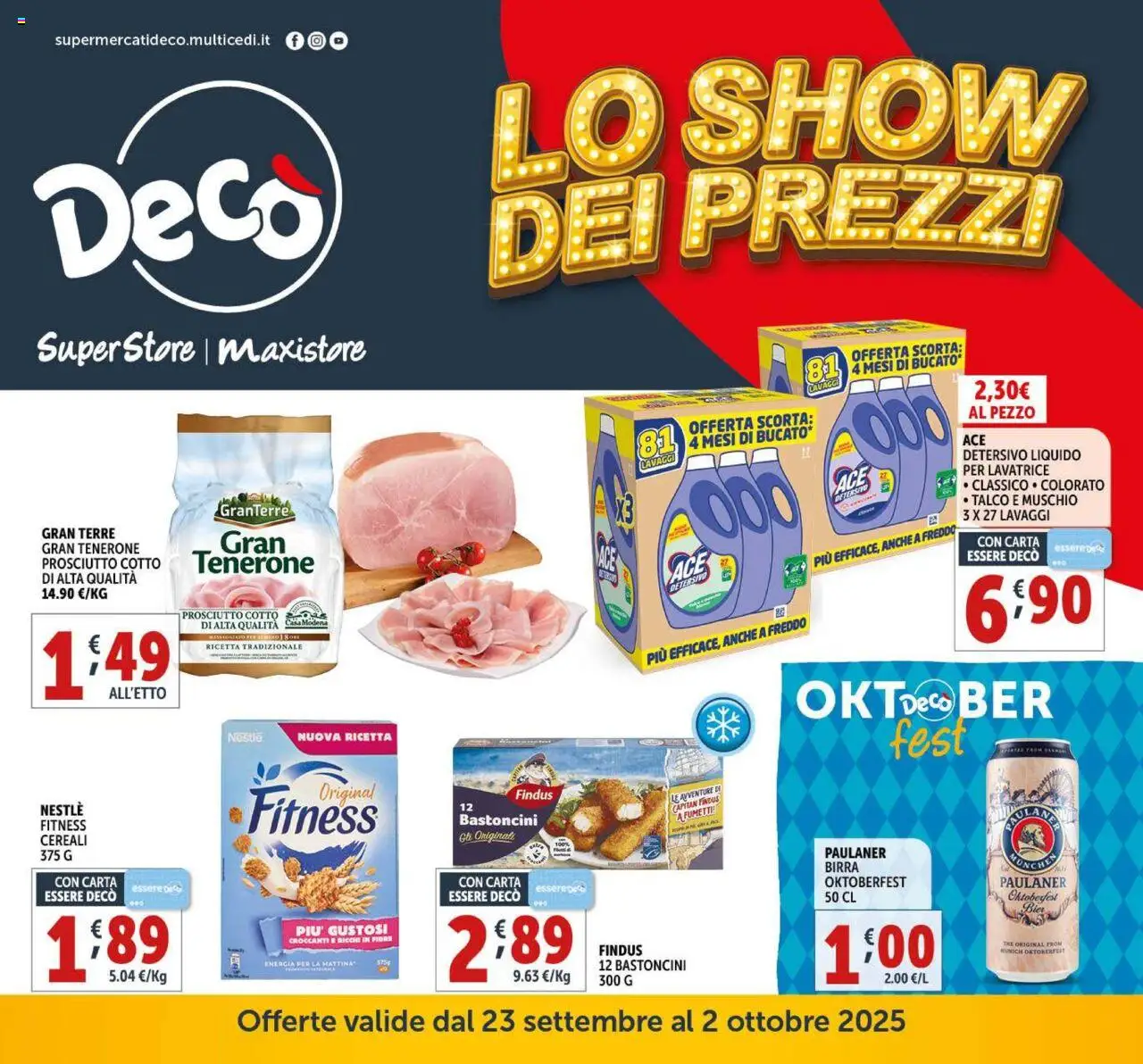 Volantino Decò del 23.09.2025 | Pagina: 1 | Prodotti: Prosciutto Cotto, Birra, Talco, Lavatrice