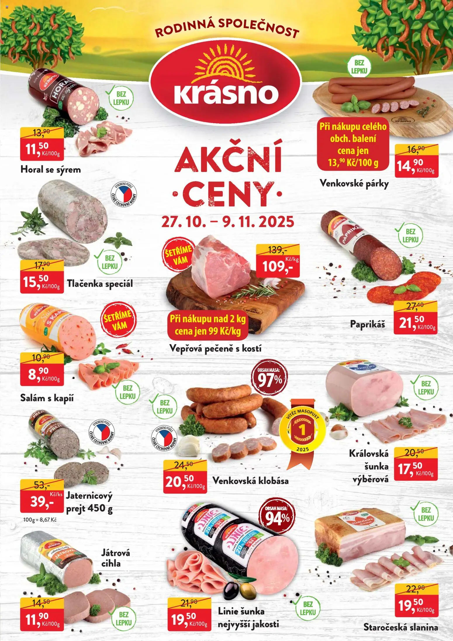 MP Krásno leták od 27.10.2025 | Strana: 1 | Produkty: Vepřová pečeně, Párky, Klobása, Slanina