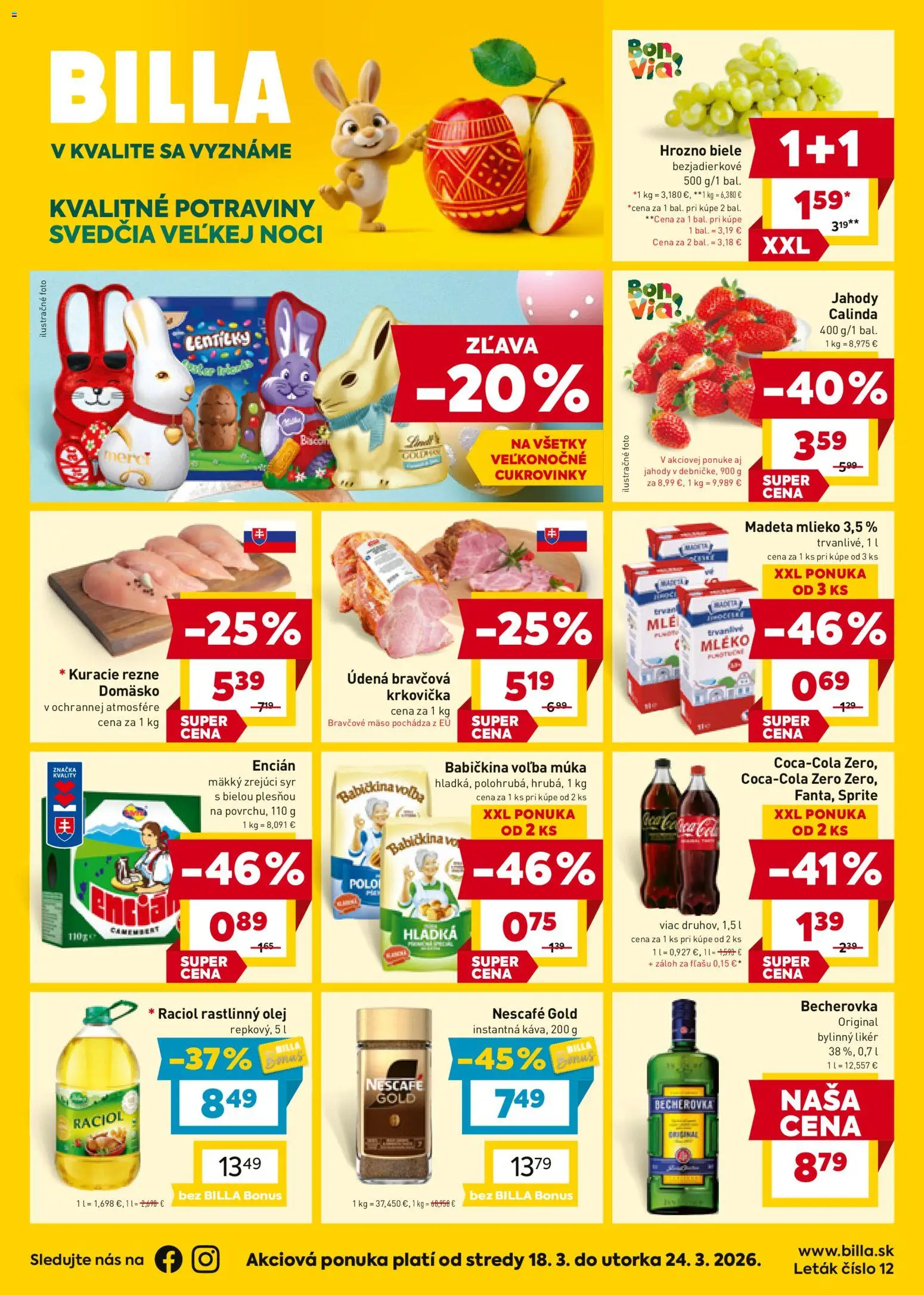 Nové Billa akcie – leták je platný od 18.03.2026 | Strana: 1 | Produkty: Kuracie rezne, Bravčové mäso, Múka, Nescafé Gold