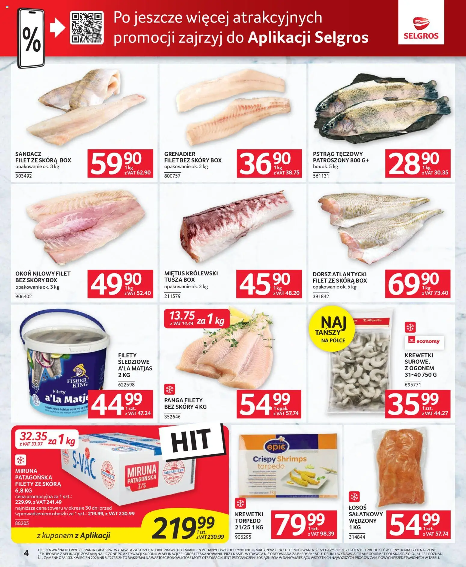 Selgros cash&carry gazetka - Oferta dla gastronomii od 09.04.2026 | Strona: 4 | Produkty: Pstrąg tęczowy, Dorsz atlantycki, Sandacz, Łosoś