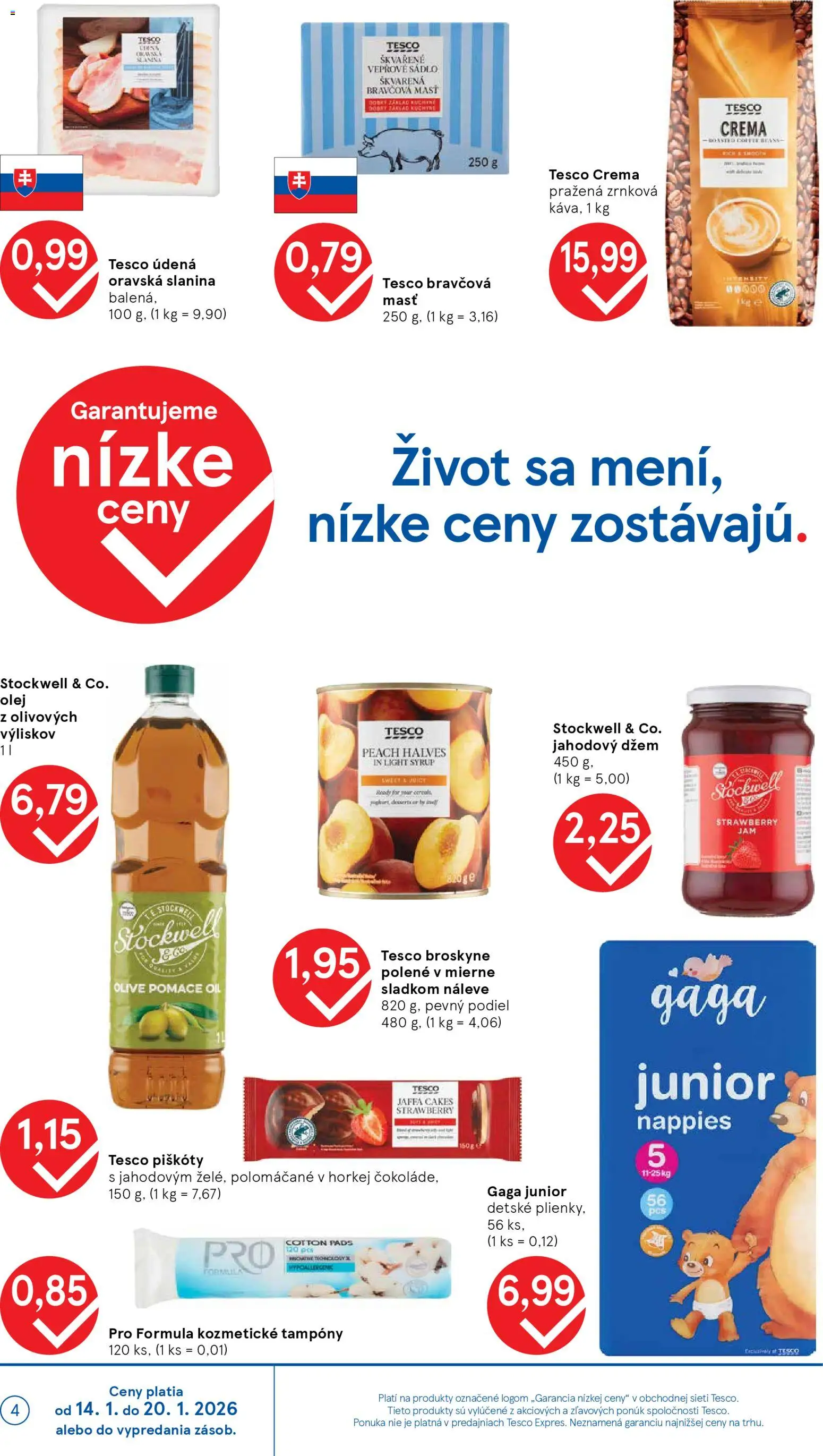 Nové Tesco akcie – leták je platný od 14.01.2026 | Strana: 4 | Produkty: Olej, Slanina, Plienky, Broskyne