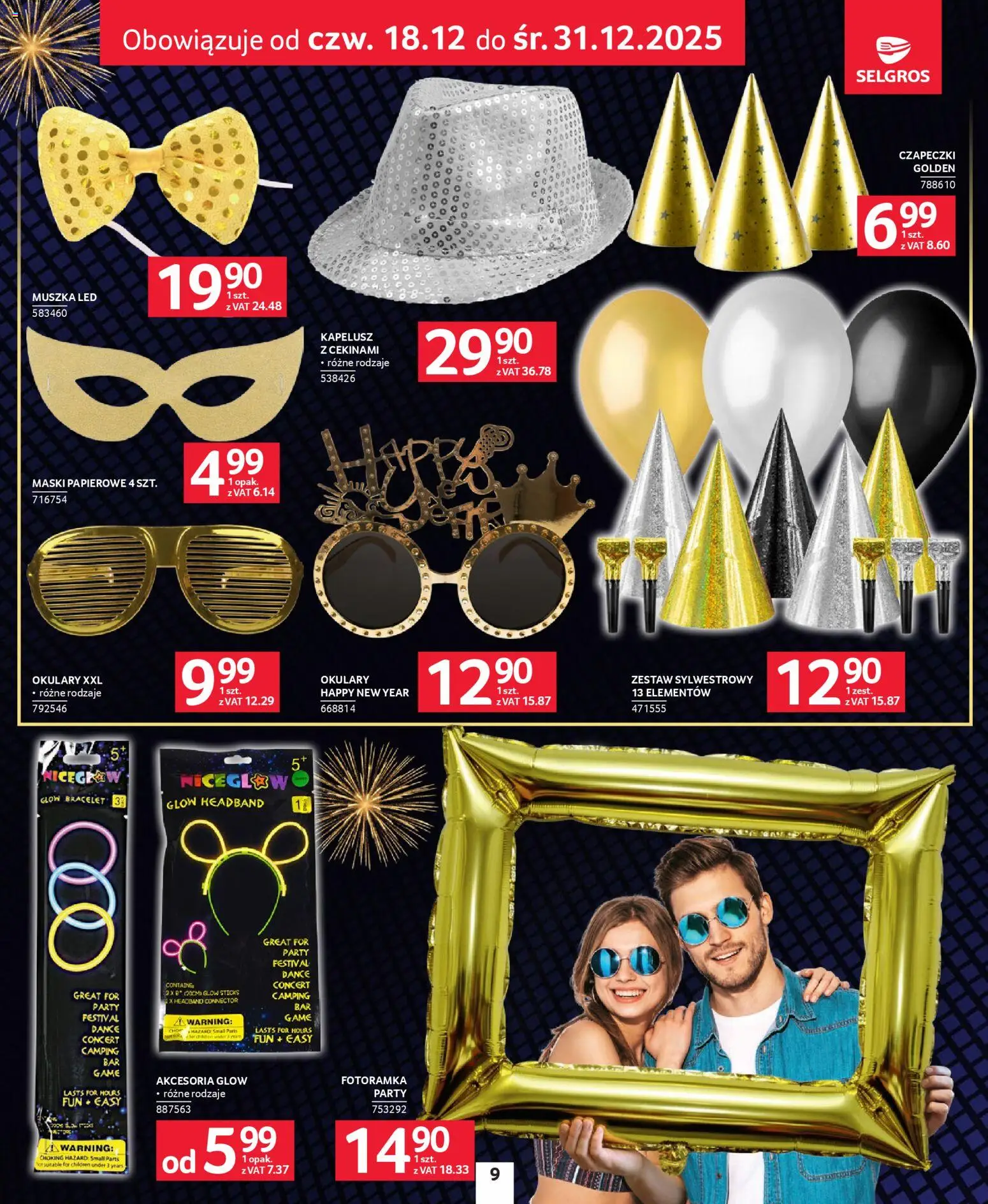 Selgros cash&carry Gazetka - Sylwester Pełen Emocji od 27.12.2025 | Strona: 9 | Produkty: Kapelusz, Okulary