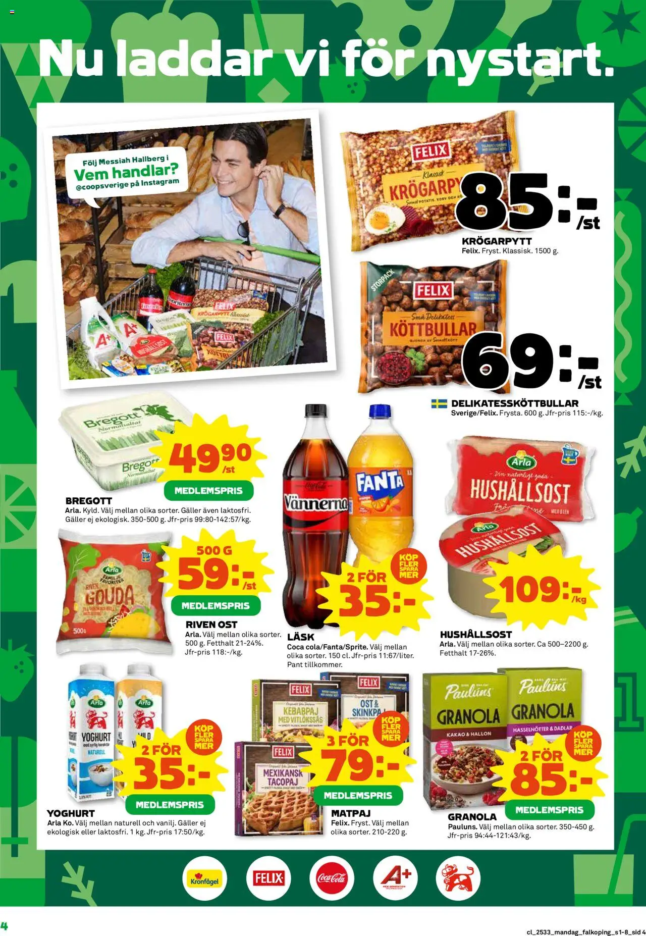 Coop reklamblad aktuell från 11.08.2025 | Sida: 4 | Produkter: Köttbullar, Fanta, Ost, Granola