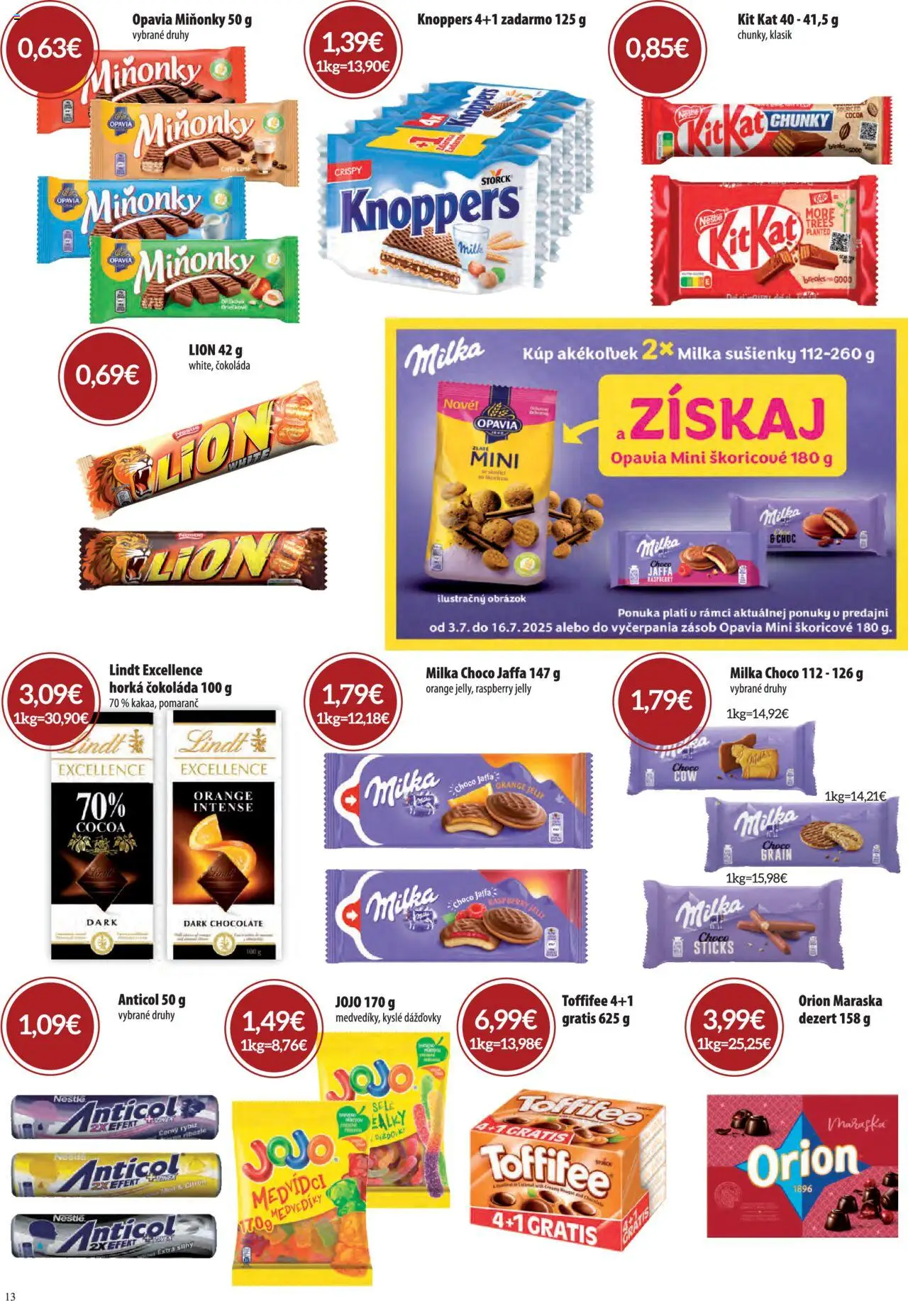 CBA Komfos leták │ platný od 03.07.2025 | Strana: 13 | Produkty: Lindt, Čokoláda, Toffifee, Milka