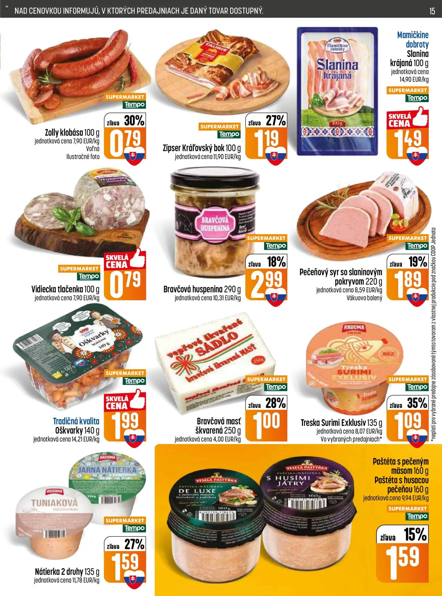 Nové COOP Jednota akcie – leták je platný od 09.04.2026 | Strana: 15 | Produkty: Syr, Slanina, Klobása, Treska