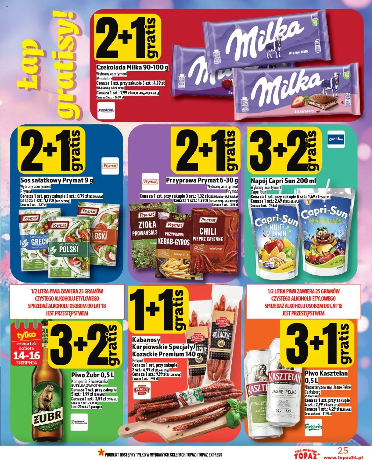 Topaz Gazetka od 14.08.2025 | Strona: 25 | Produkty: Piwo żubr, Czekolada milka, Sos, Pieprz