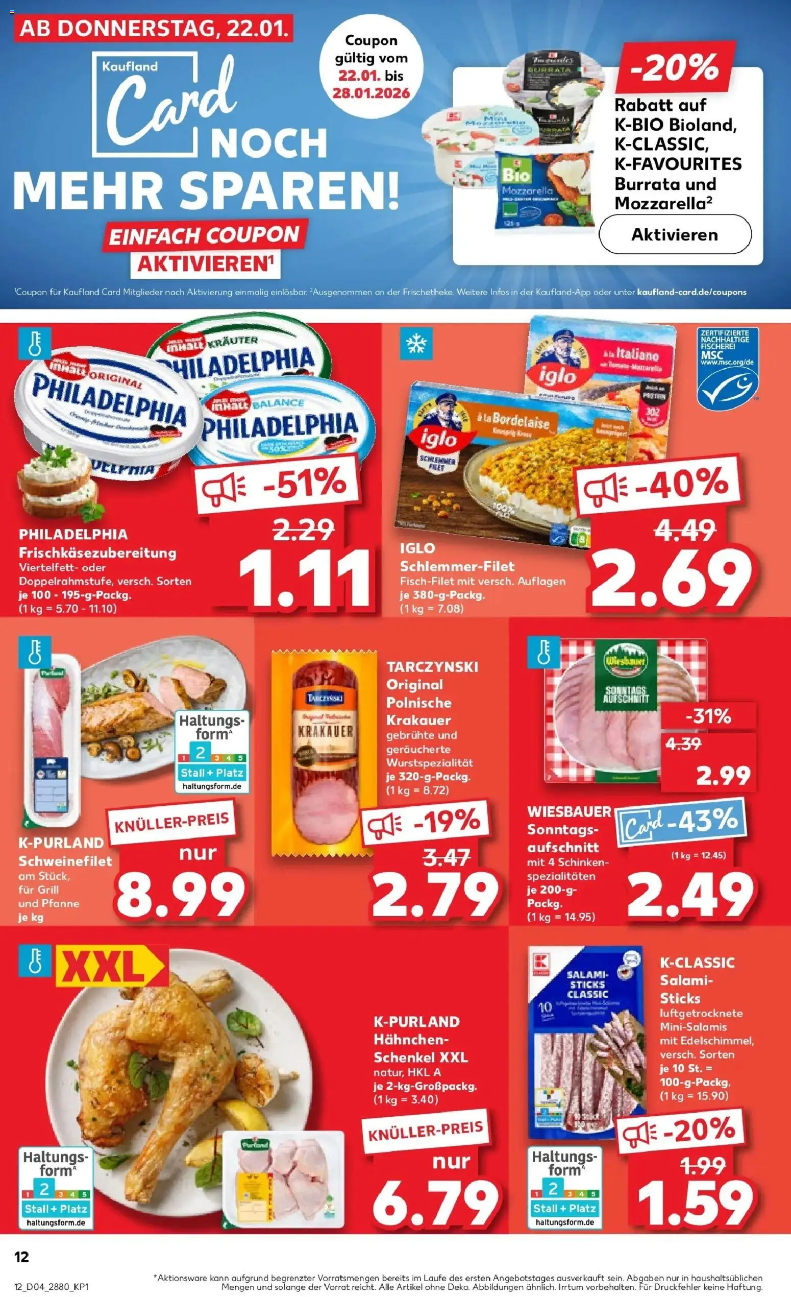 Kaufland prospekt Aue-Bad Schlema	 – gültig ab 25.01.2026 | Seite: 12 | Produkte: Hahnchen, Schweinefilet, Burrata, Iglo schlemmerfilet