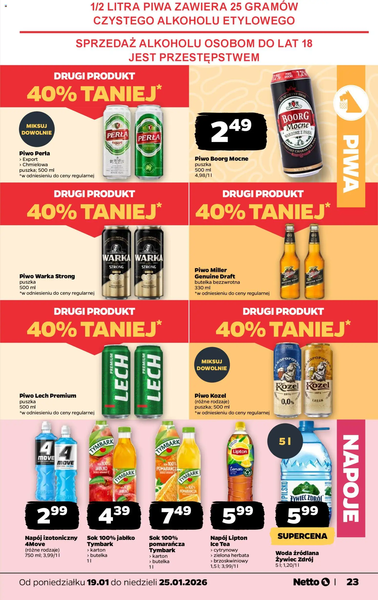 Netto gazetka - Spożywcza od 19.01.2026 | Strona: 23 | Produkty: Napoje, Piwo Warka, Piwo, Woda