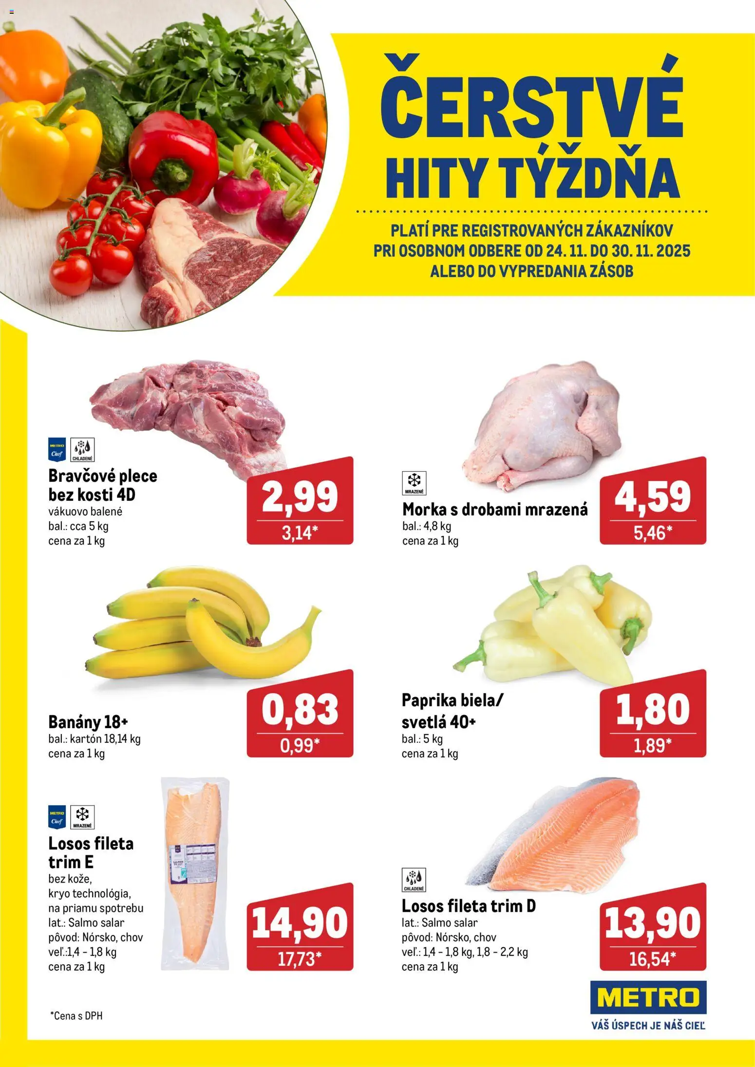 Nové Metro akcie – leták je platný od 24.11.2025 | Strana: 1 | Produkty: Banány, Bravčové plece, Losos, Svetlá