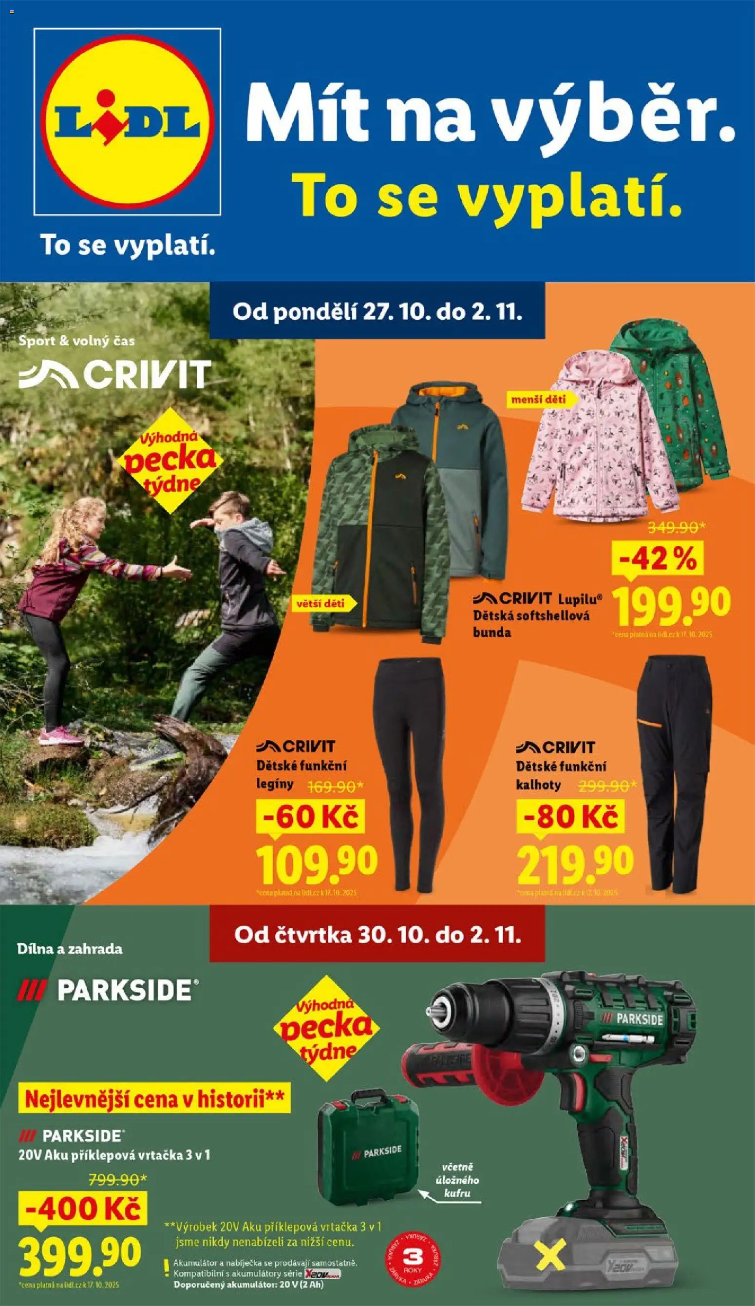 Lidl leták - Spotřební zboží od 27.10.2025 | Strana: 1 | Produkty: Aku příklepová vrtačka, Bunda, Kalhoty, Zahrada
