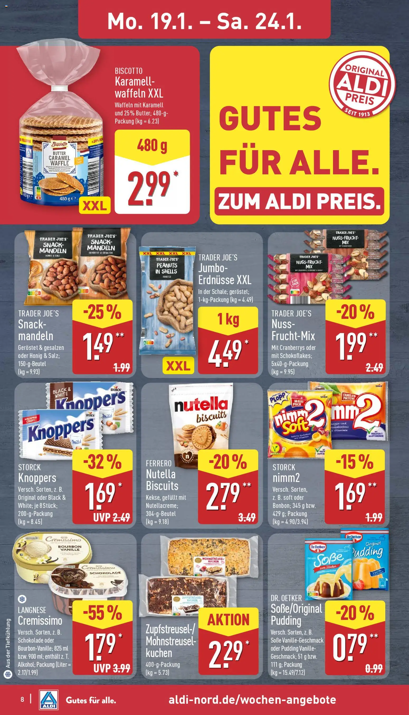 Aldi Prospekt 	 – gültig ab 19.01.2026 | Seite: 8 | Produkte: Erdnüsse, Creme, Nutella, Fruchtsaft