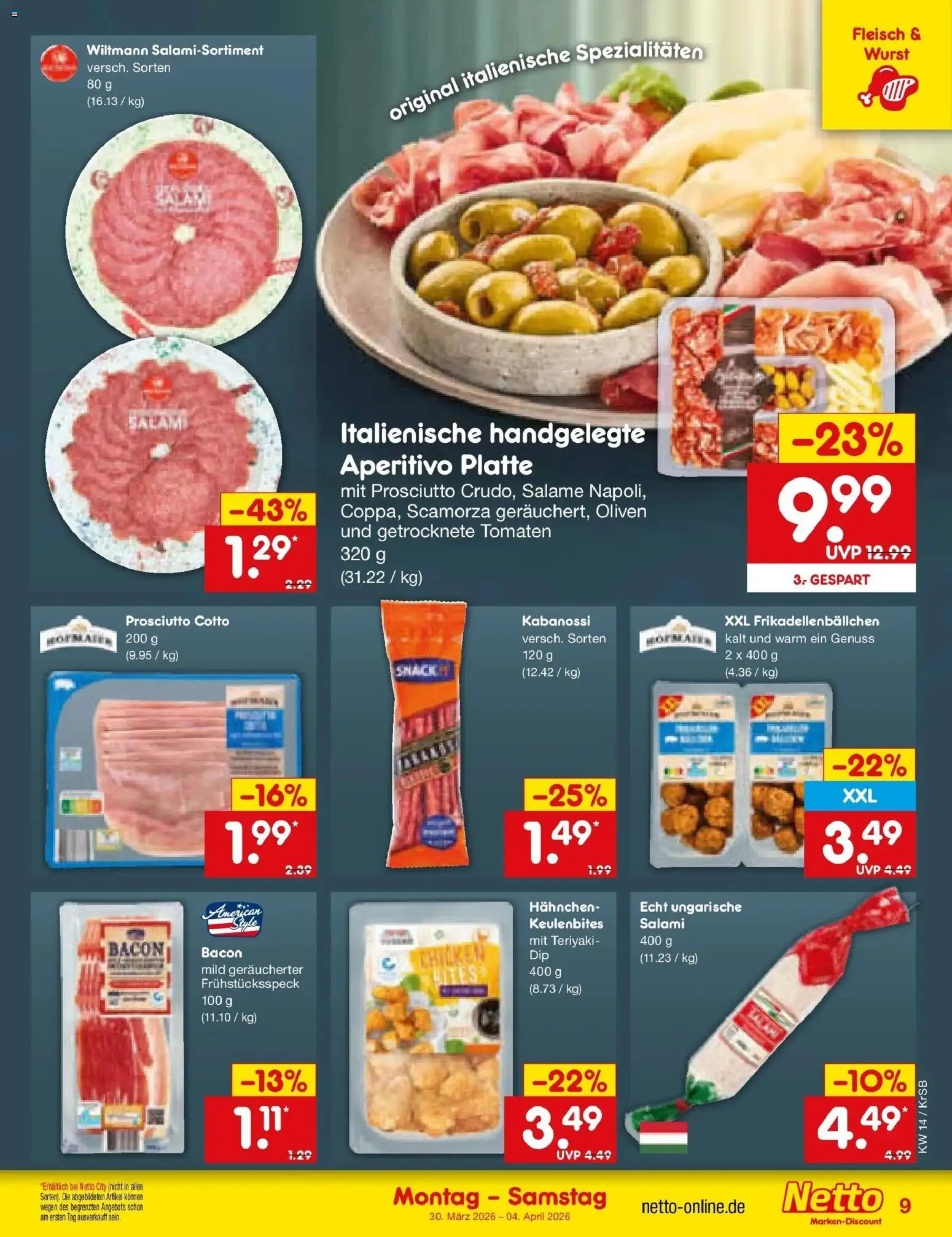 Netto Marken-Discount Prospekt Jüchen	 – gültig ab 29.03.2026 | Seite: 9 | Produkte: Hahnchen, Wurst, Salami, Fleisch