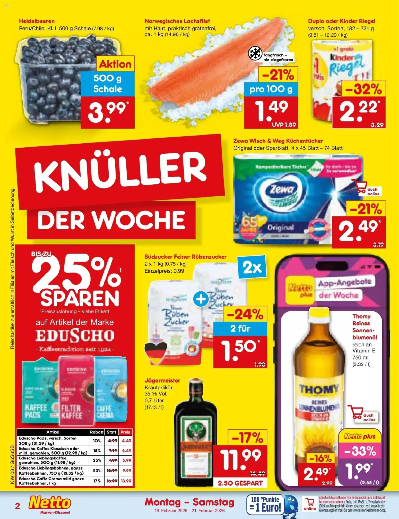 Netto Marken-Discount prospekt Rodewisch	 – gültig ab 16.02.2026 | Seite: 2 | Produkte: Zewa, Heidelbeeren, Jägermeister, Wurst