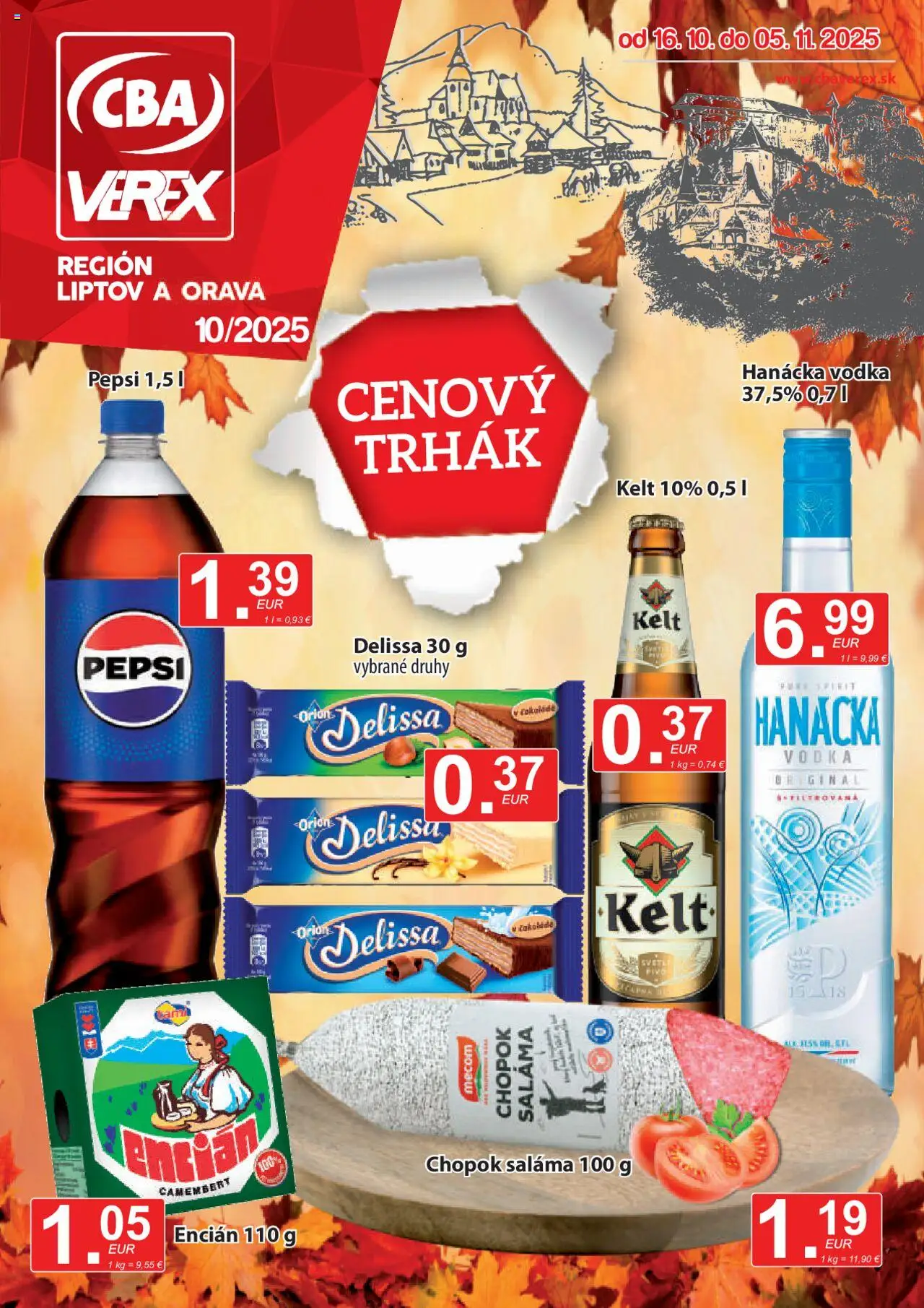 Nové CBA Verex akcie – leták je platný od 16.10.2025 | Strana: 1 | Produkty: Saláma, Vodka, Encián, Pepsi