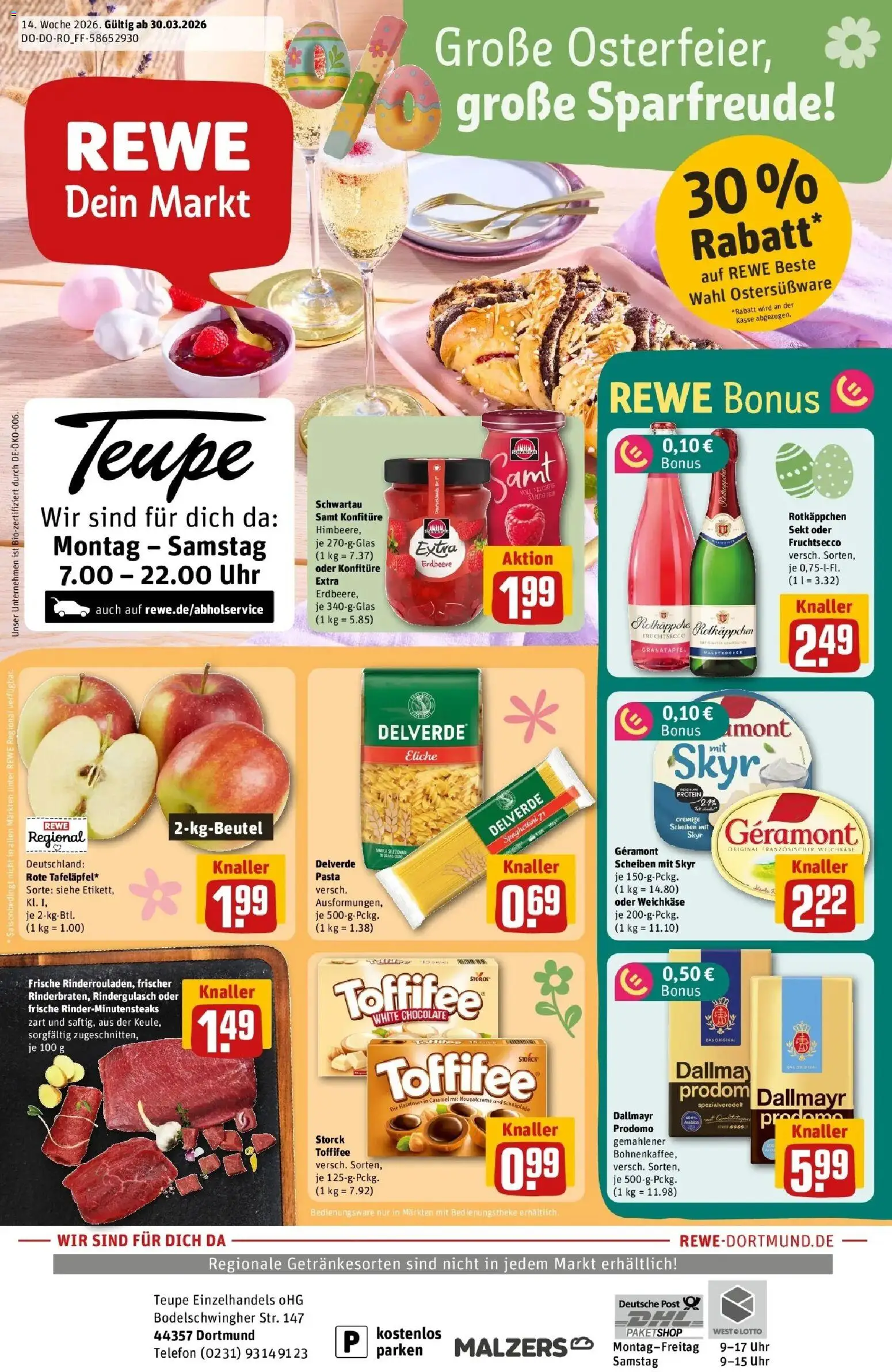 Rewe Prospekt Dortmund	 – gültig ab 30.03.2026 | Seite: 1 | Produkte: Granatapfel, Rotkäppchen, Telefon, Uhr