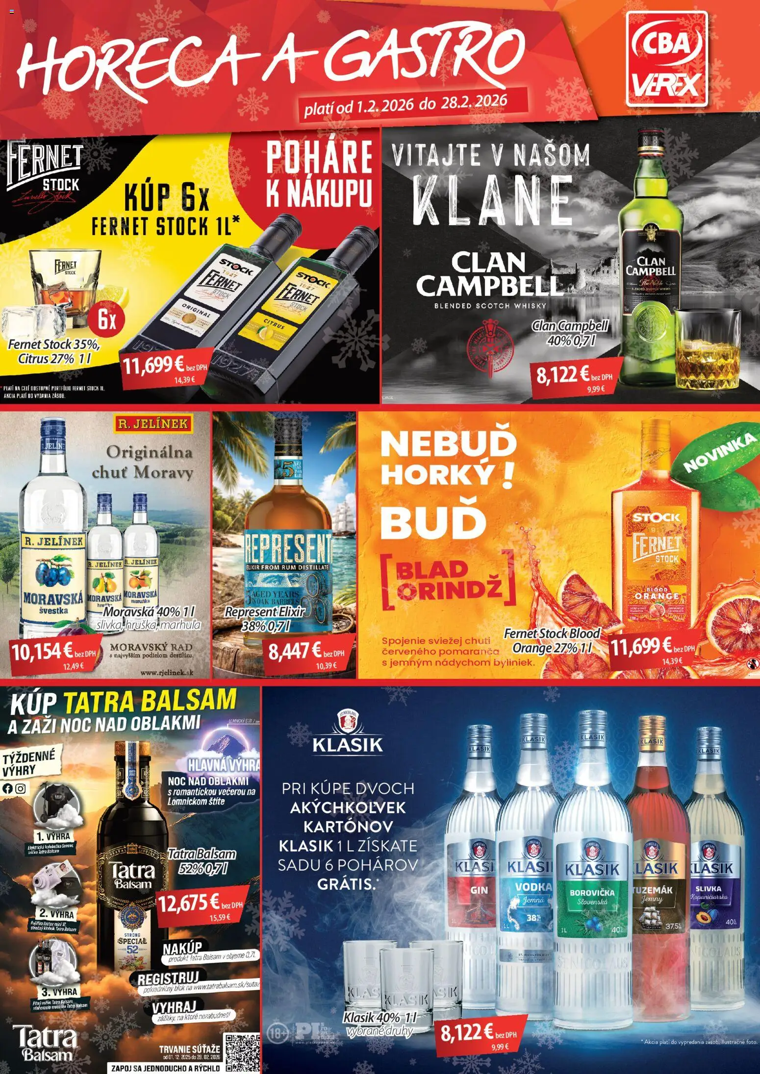 Nové CBA Verex akcie – leták je platný od 01.02.2026 | Strana: 1 | Produkty: Borovička, Tričko, Vodka, Fernet Stock