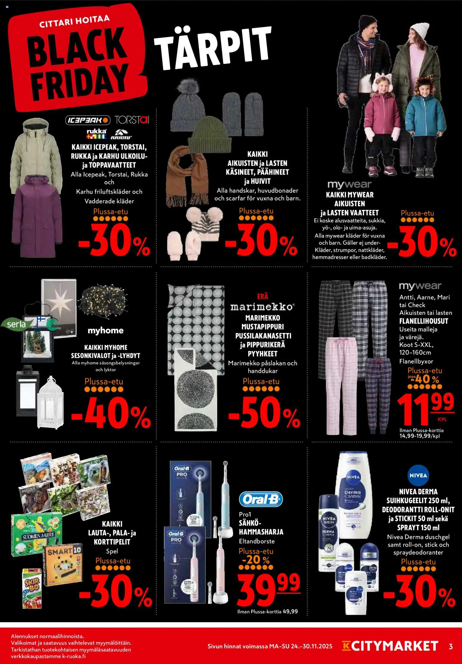 K-Citymarket - Black Friday – voimassa 24.11.2025 alkaen | Sivu: 3 | Tuotteet: Pyyhkeet, Deodorantti, Hammasharja, Vaatteet