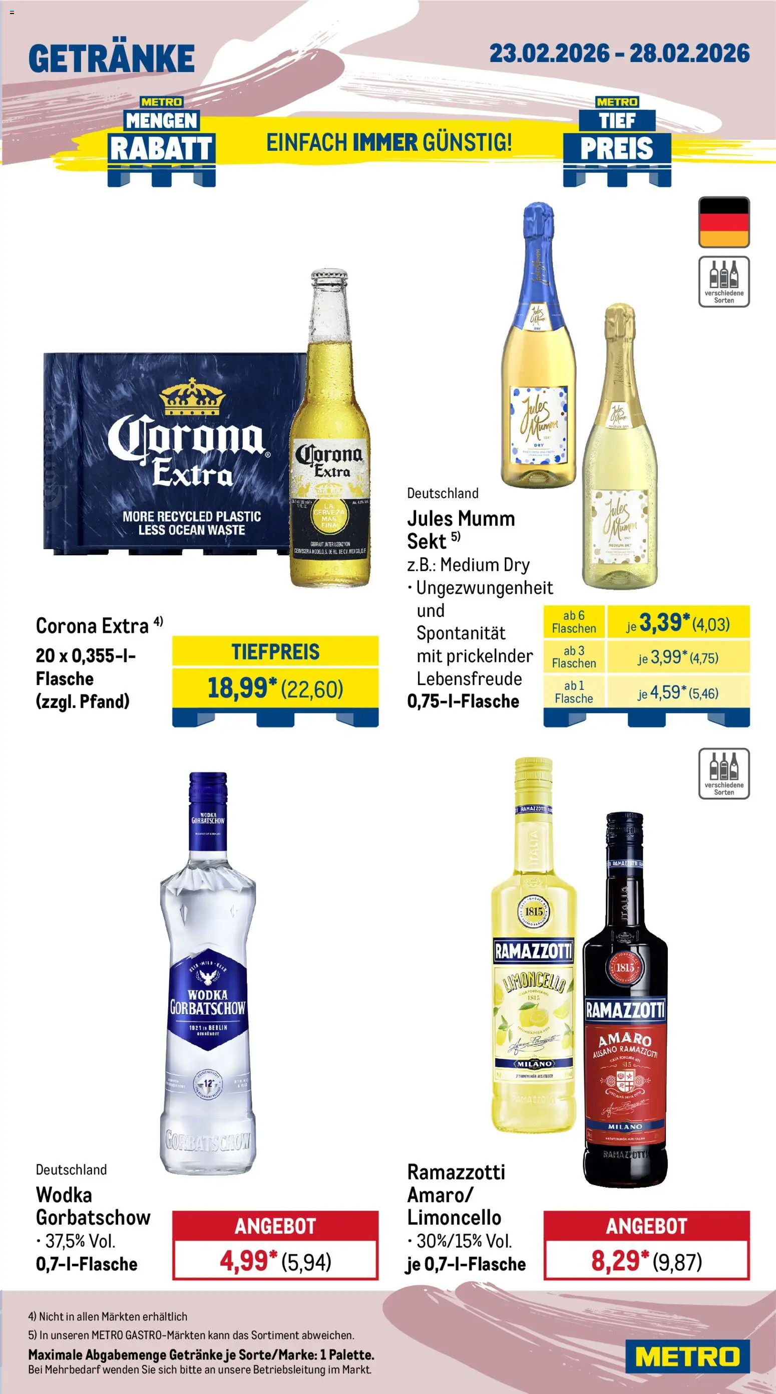 Metro Wochen-Angebote Gastro – gültig ab 23.02.2026 | Seite: 15 | Produkte: Sekt, Jules mumm, Wodka gorbatschow, Wodka