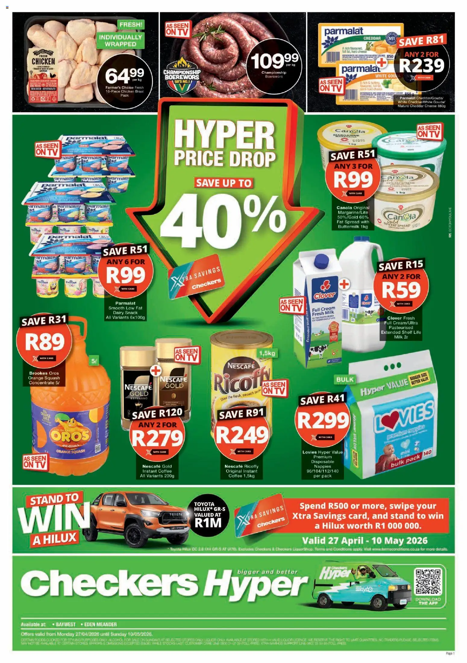 New Checkers catalogue – valid from 27.04.2026 | Page: 1 | Products: Boerewors, Chicken, Fat spread, Nappies