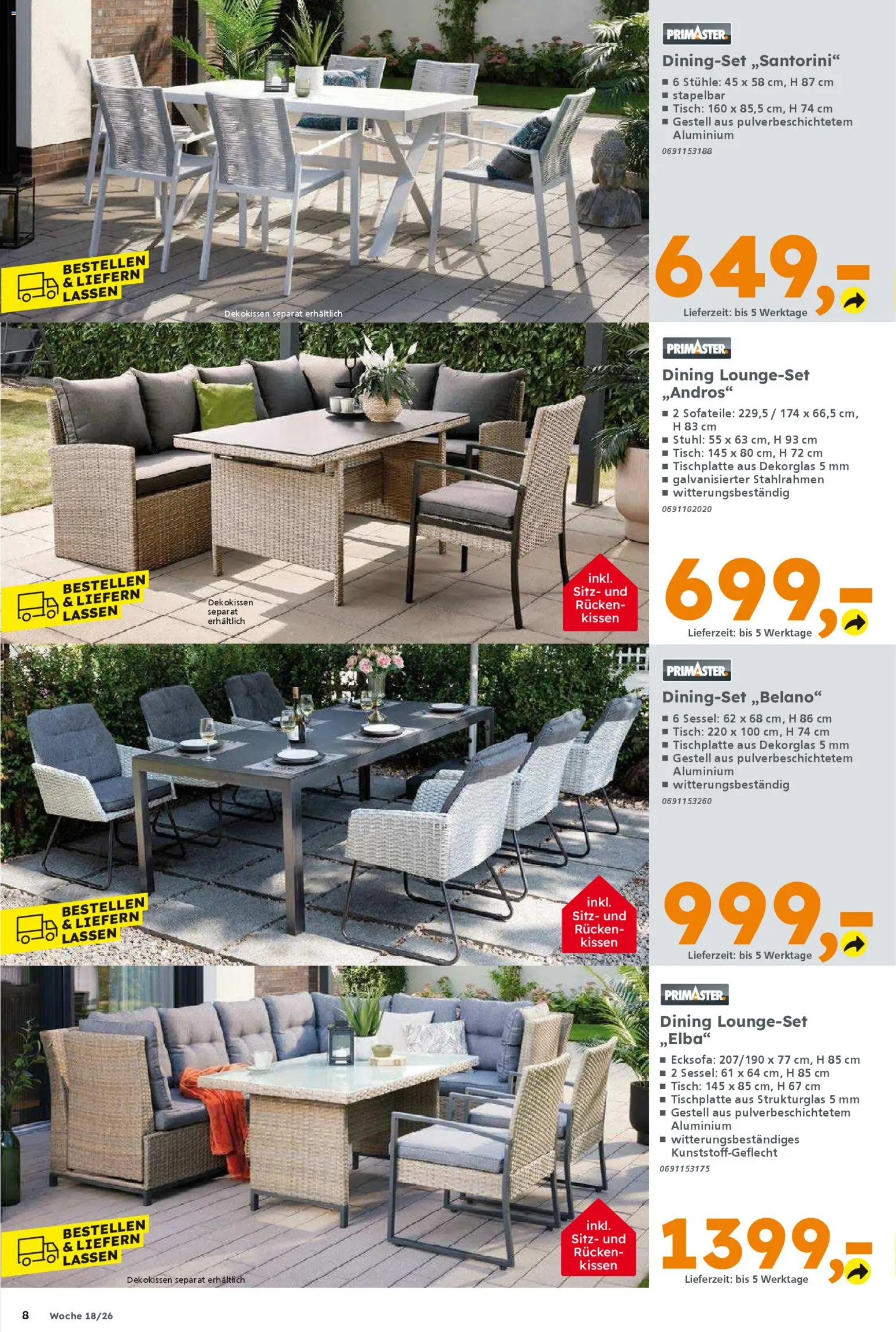 Globus Baumarkt Prospekt Berlin-Treptow	 – gültig ab 26.04.2026 | Seite: 8 | Produkte: Kissen, Sessel, Tisch, Stuhl