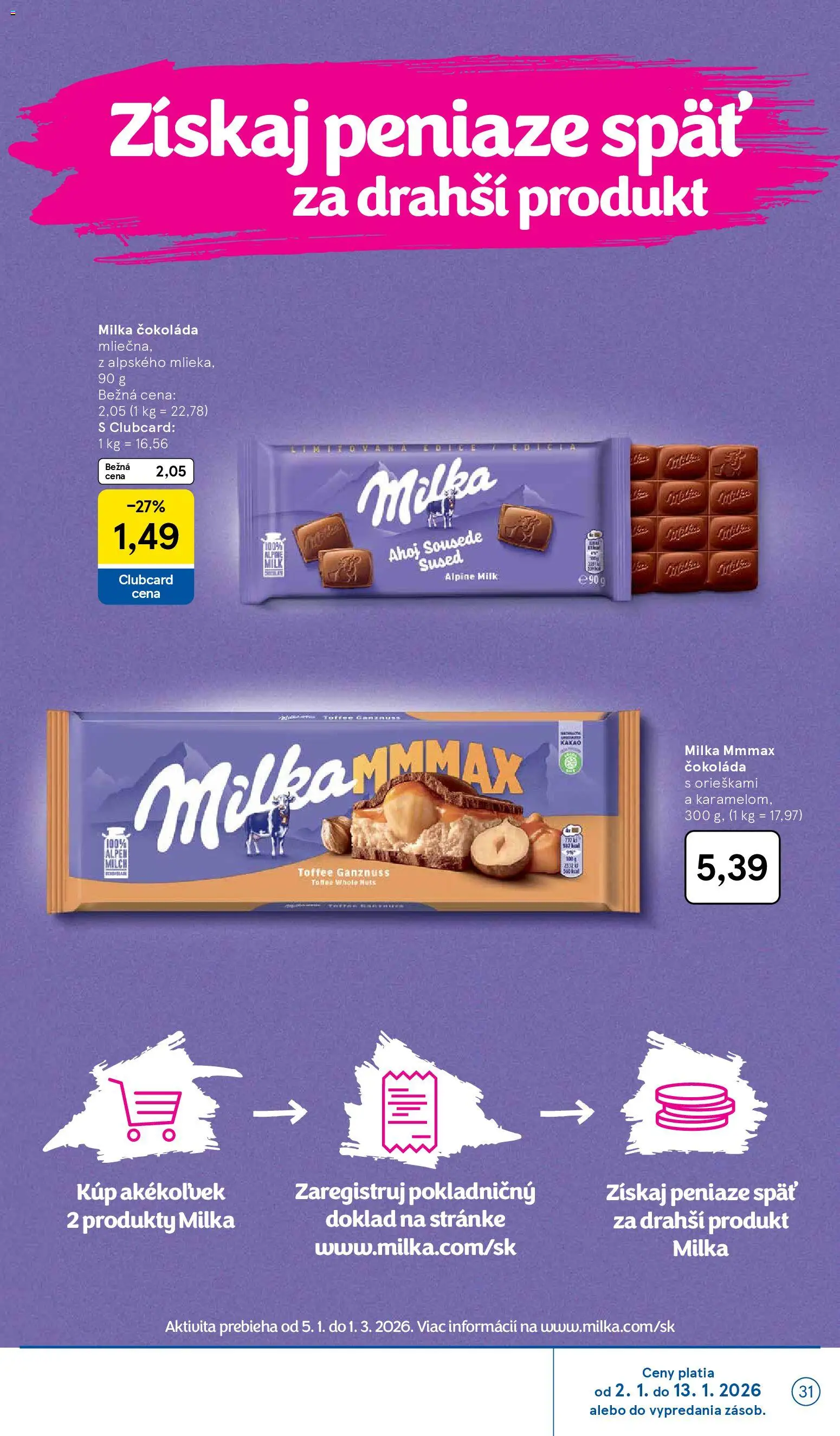 Nové Tesco akcie – leták je platný od 02.01.2026 | Strana: 31 | Produkty: Čokoláda, Milka