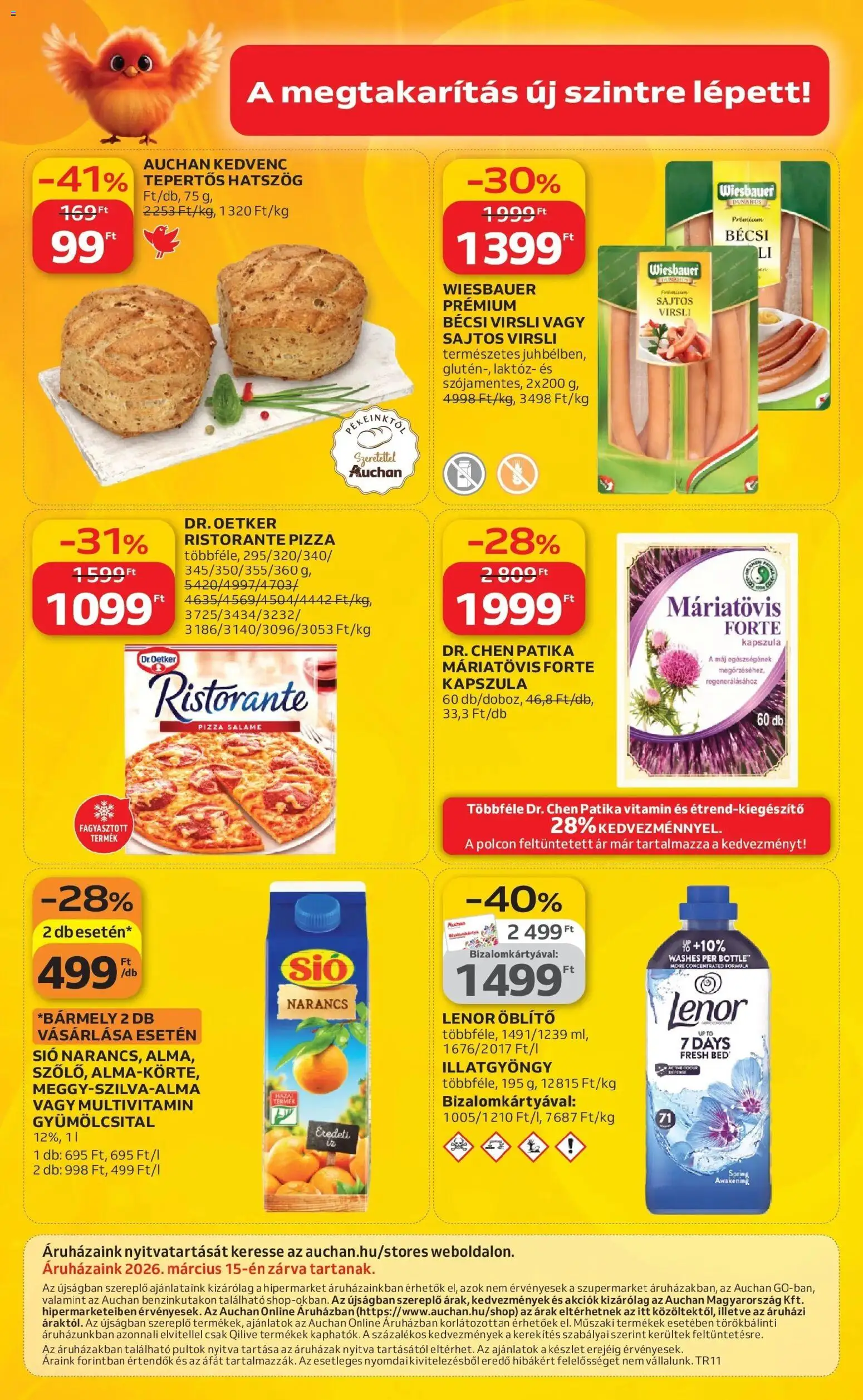 Auchan akciós ujság - amely érvényes a következő dátumtól: 12.03.2026 | Oldal: 68 | Termékek: Gyümölcsital, Hús, Pizza, Narancs