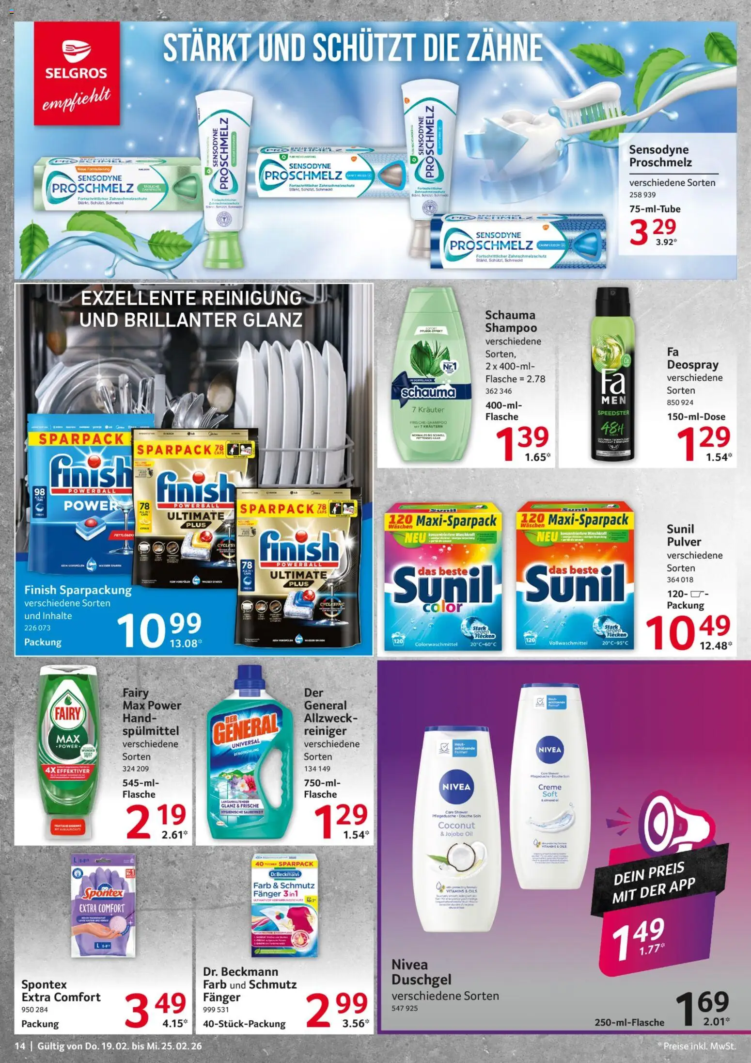 Selgros Prospekt 	 – gültig ab 19.02.2026 | Seite: 14 | Produkte: Finish, Shampoo, Duschgel, Deospray
