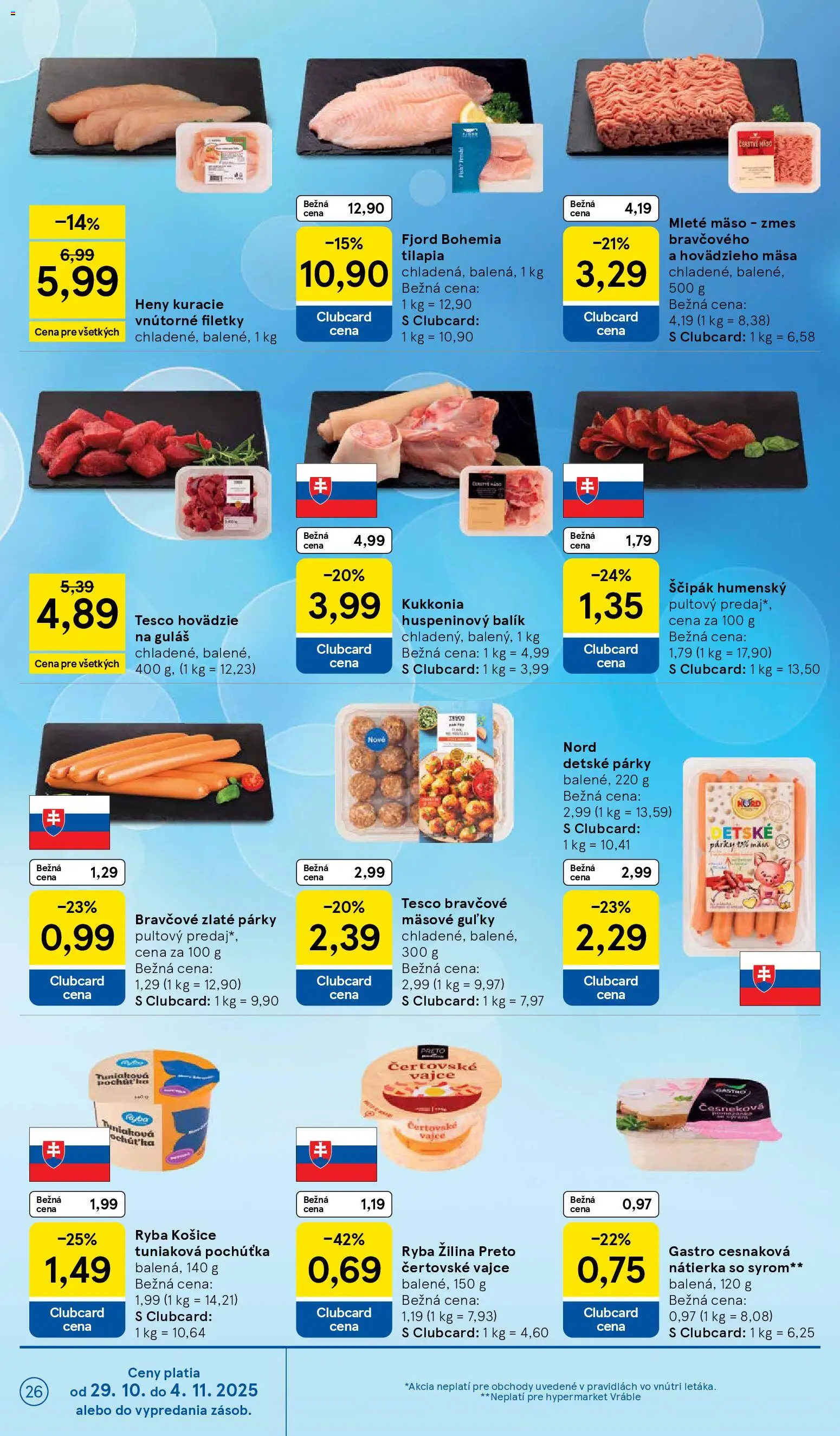 Nové Tesco akcie – leták je platný od 29.10.2025 | Strana: 26 | Produkty: Ryba, Párky, Mleté mäso