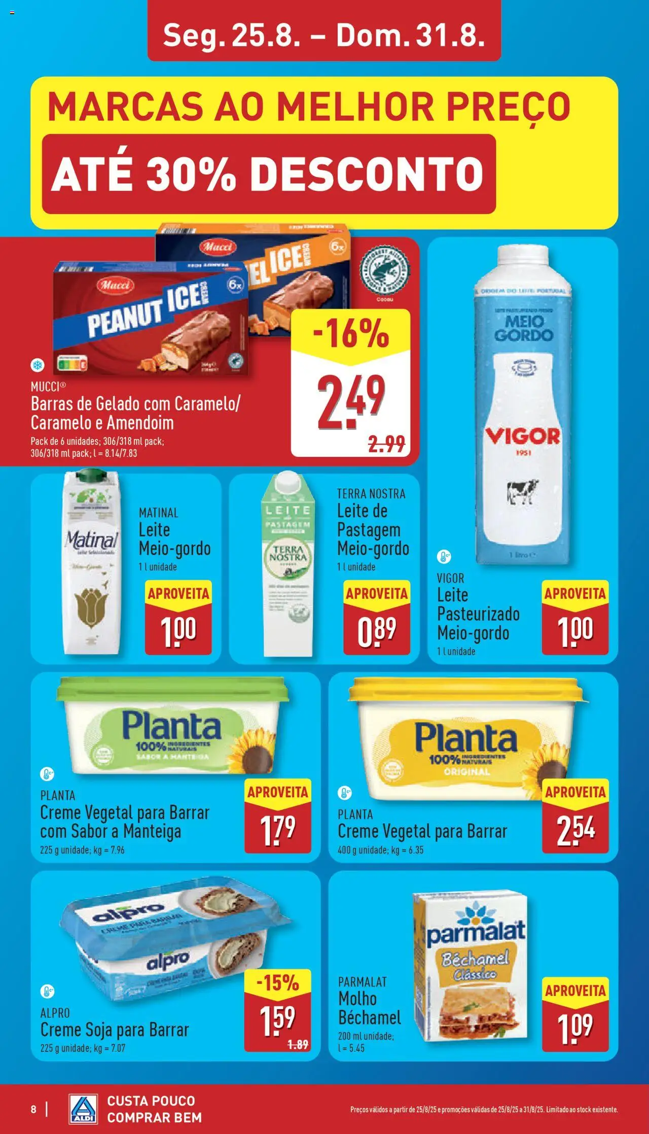 Aldi folheto │ válido de 25.08.2025 | Página: 8 | Produtos: Soja, Gelado, Leite, Manteiga