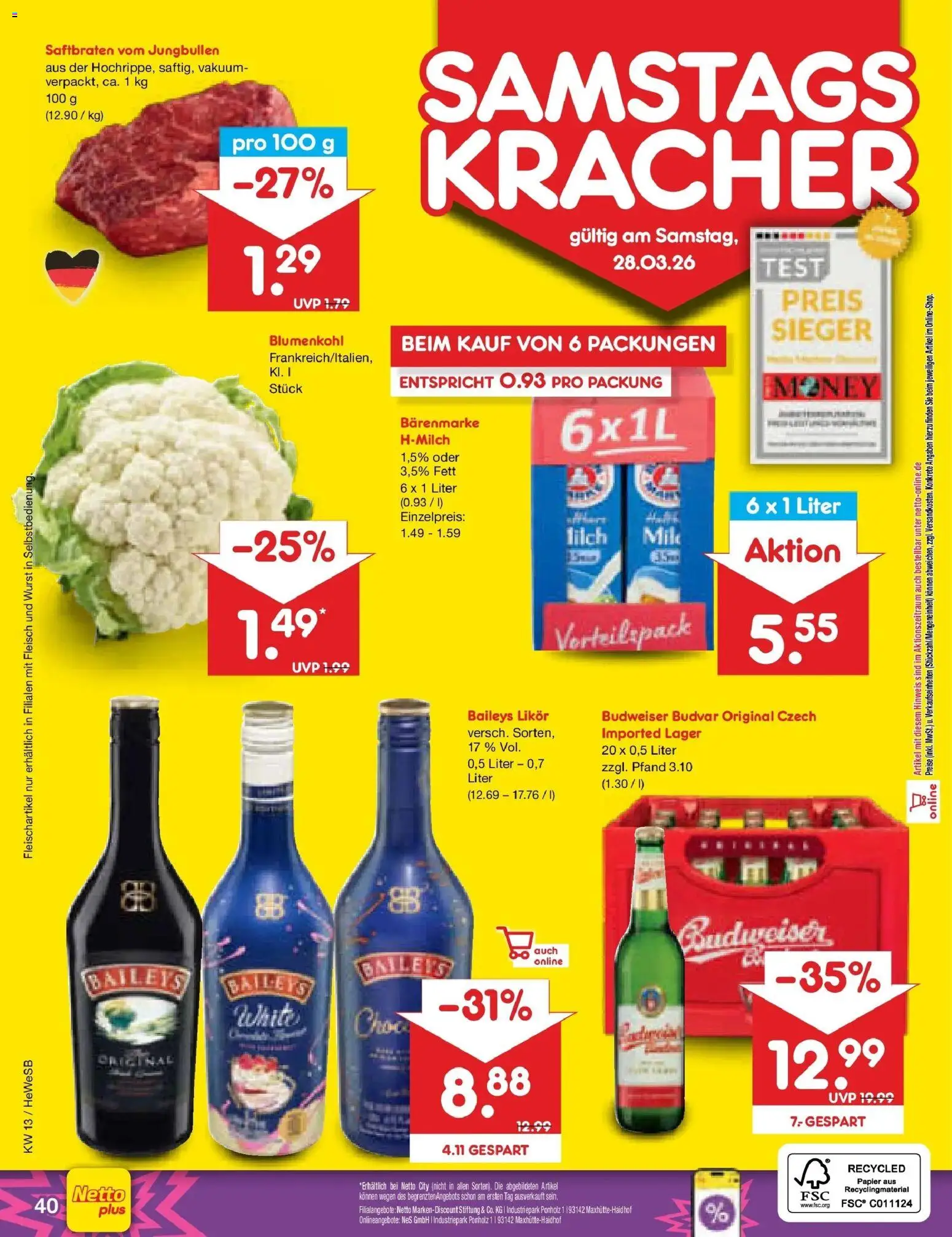 Netto Marken-Discount Prospekt Hamburg	 – gültig ab 23.03.2026 | Seite: 50 | Produkte: Wurst, Baileys, Budweiser, Fleisch