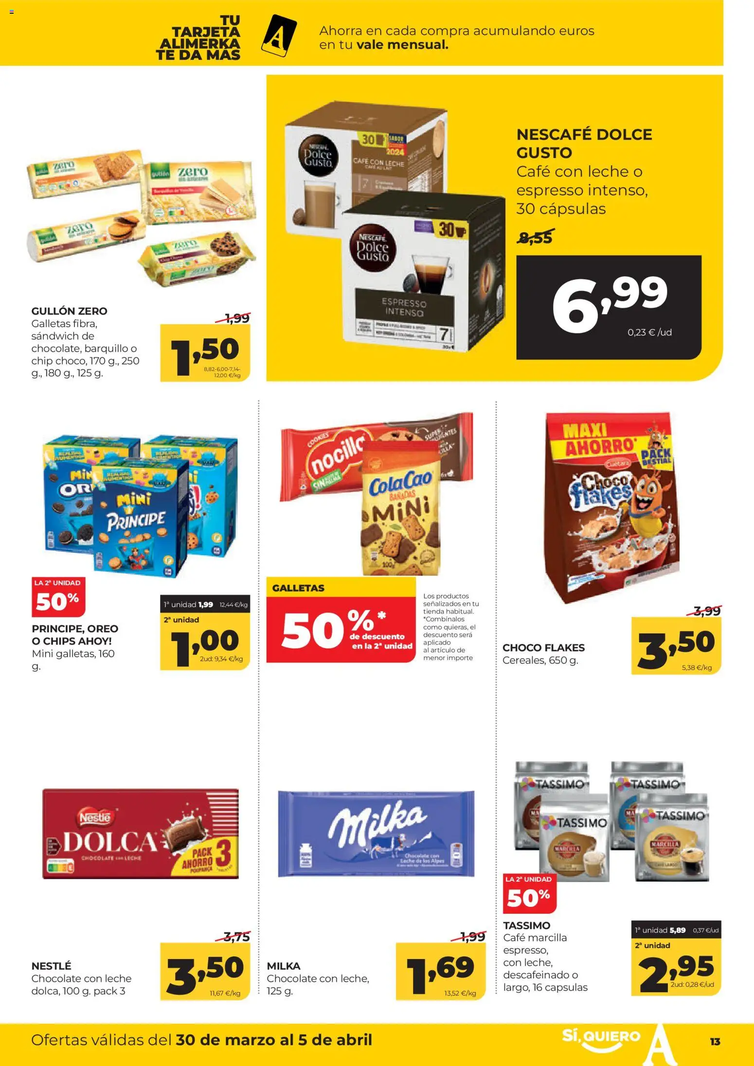 Alimerka folleto Castilla y León │ válido desde el 30.03.2026 | Página: 13 | Productos: Leche, Café, Galletas, Chocolate con leche