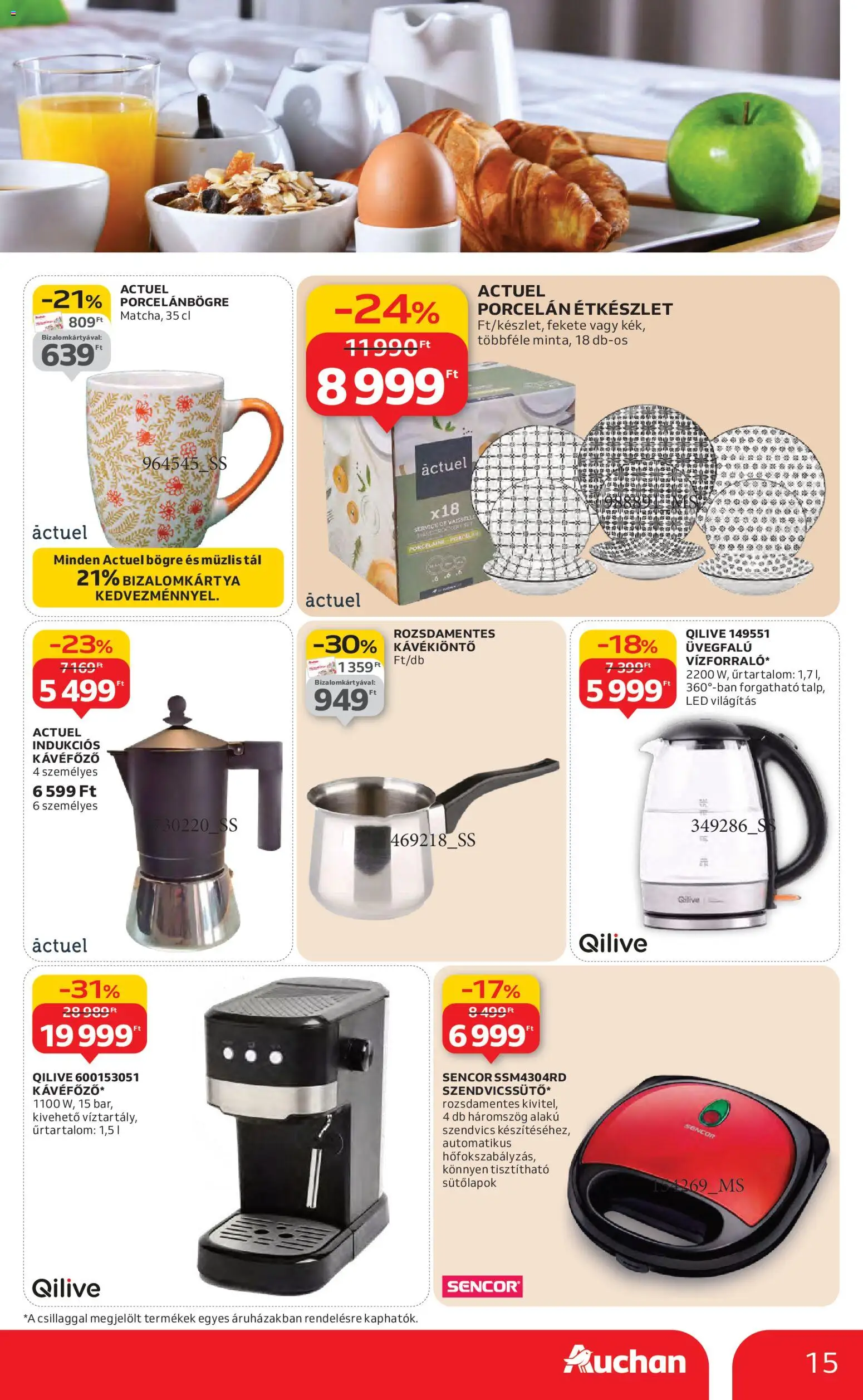 Auchan akciós ujság - amely érvényes a következő dátumtól: 22.01.2026 | Oldal: 15 | Termékek: Szendvics, Kávéfőző, Étkészlet, Müzlis tál